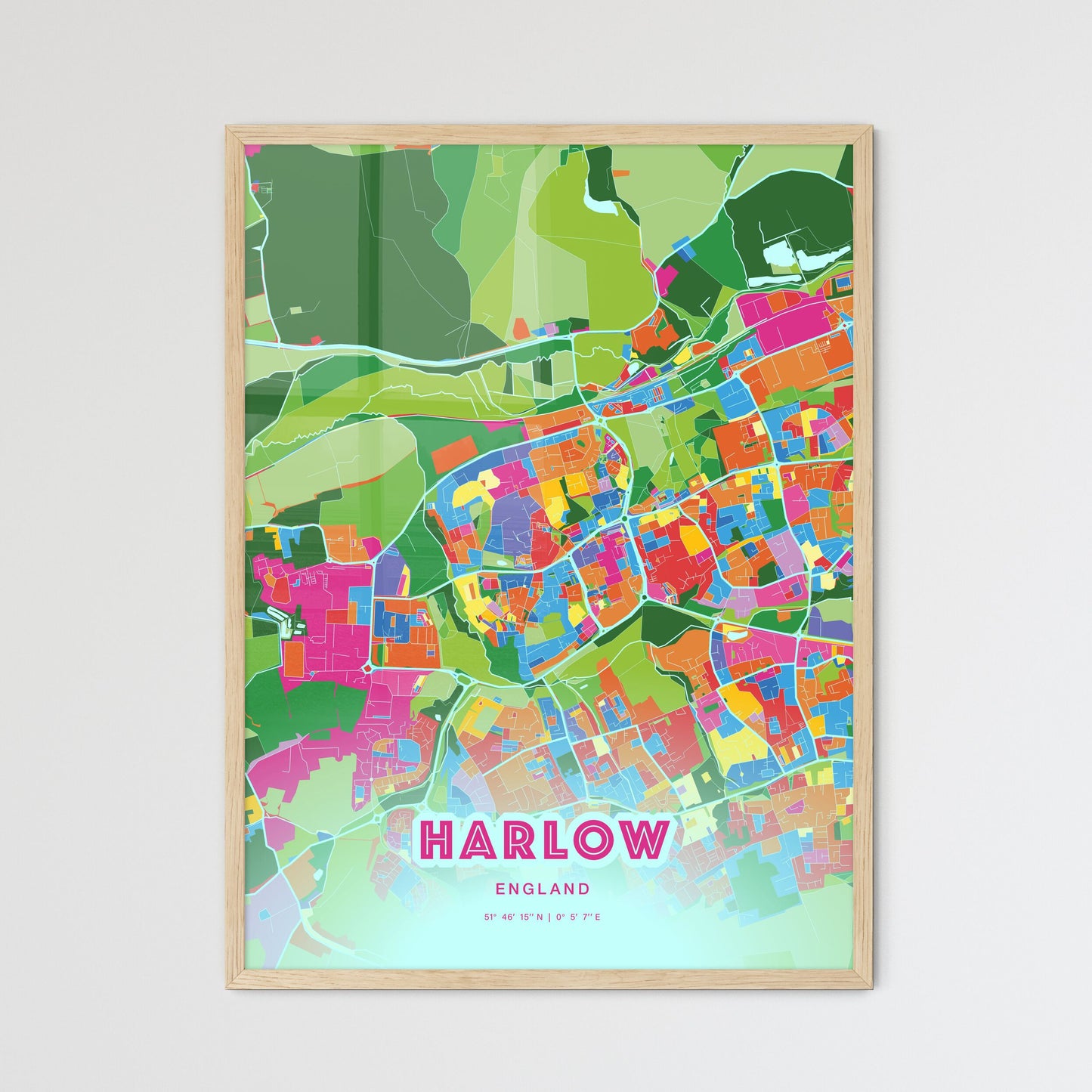 Colorful HARLOW ENGLAND Fine Art Map Crazy Colors