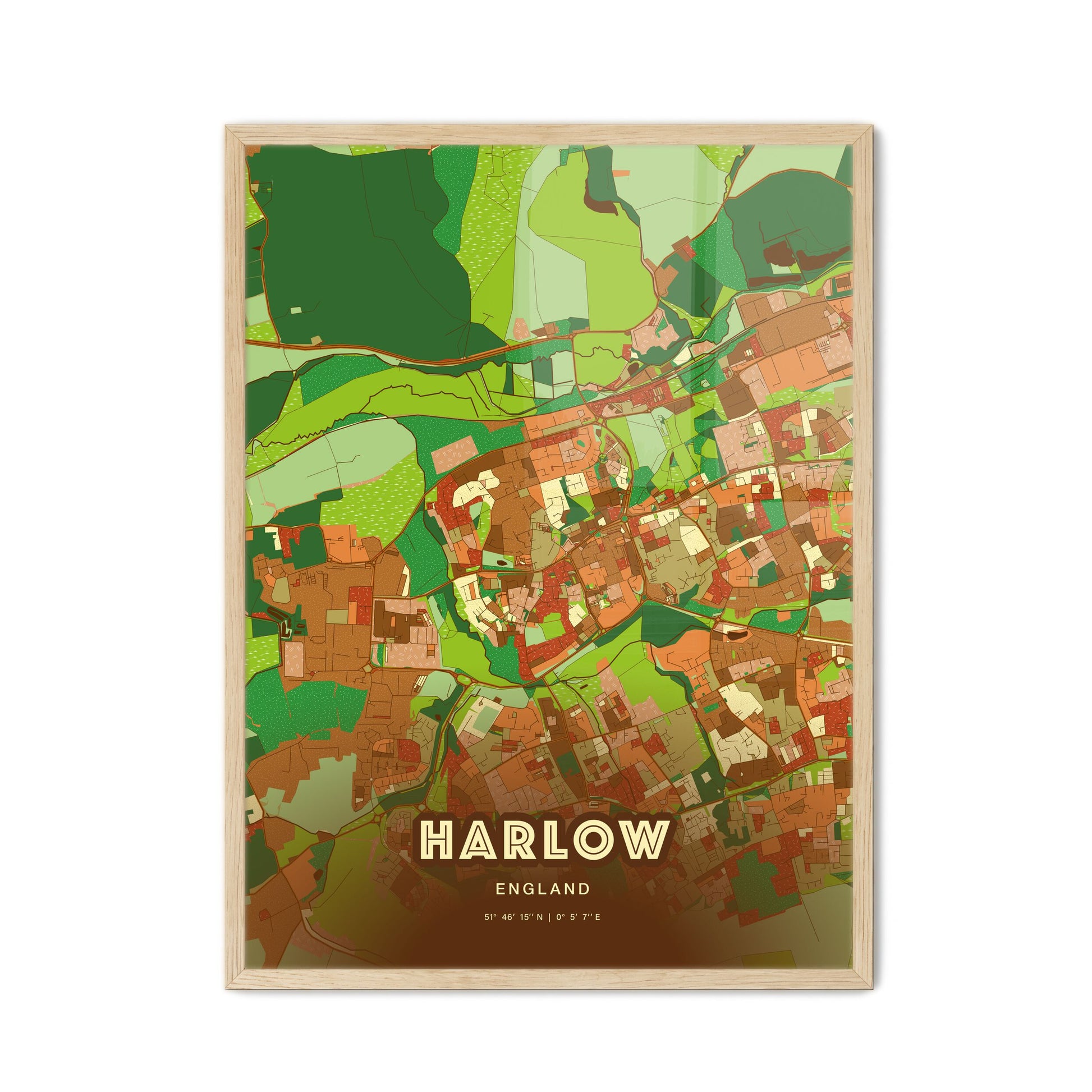 Colorful HARLOW ENGLAND Fine Art Map Farmhouse