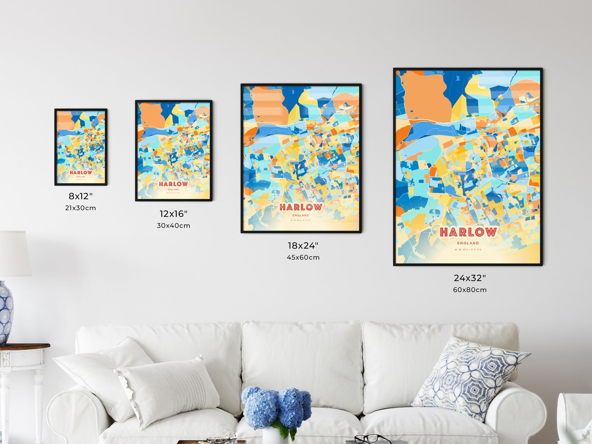 Colorful HARLOW ENGLAND Fine Art Map Blue Orange