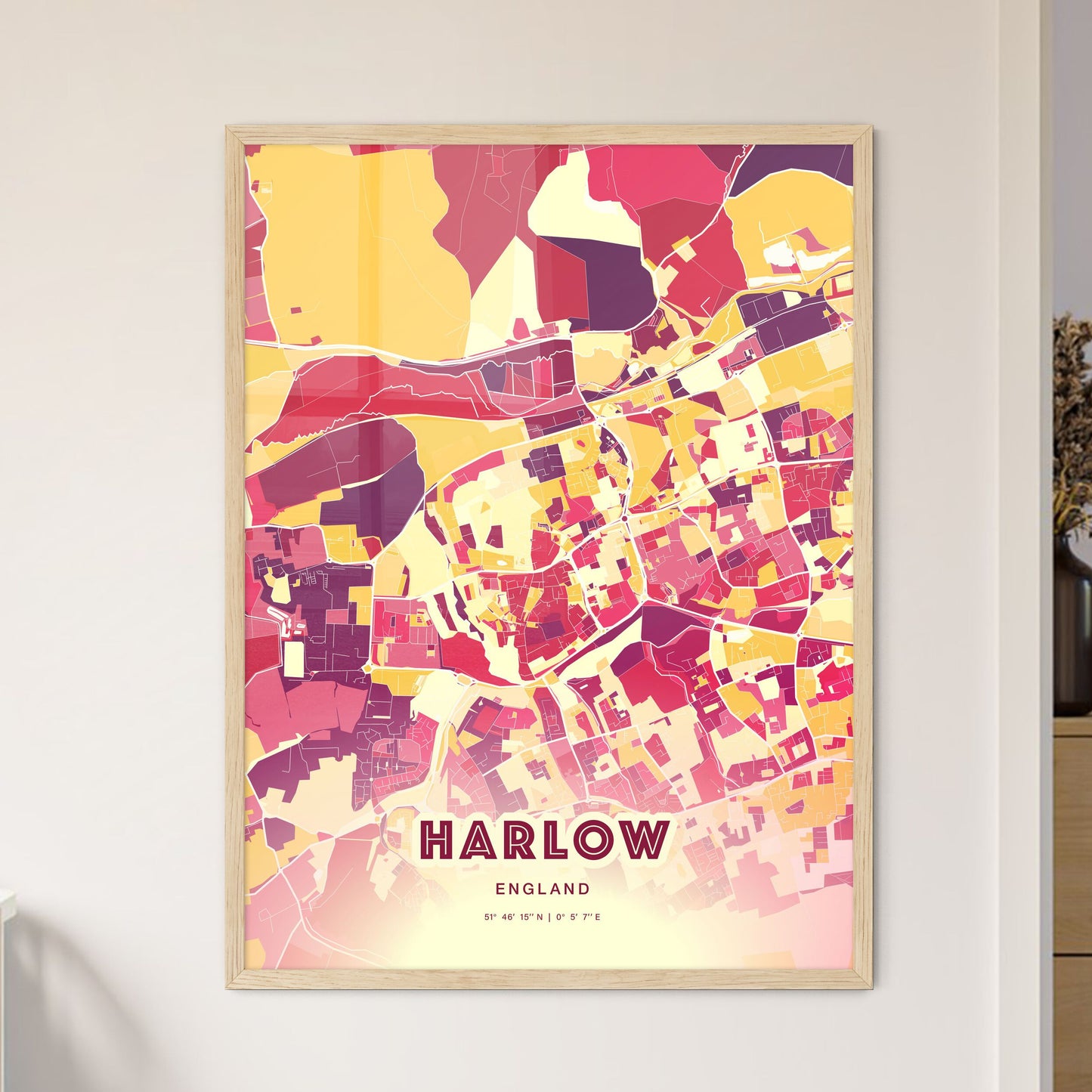 Colorful HARLOW ENGLAND Fine Art Map Hot Red