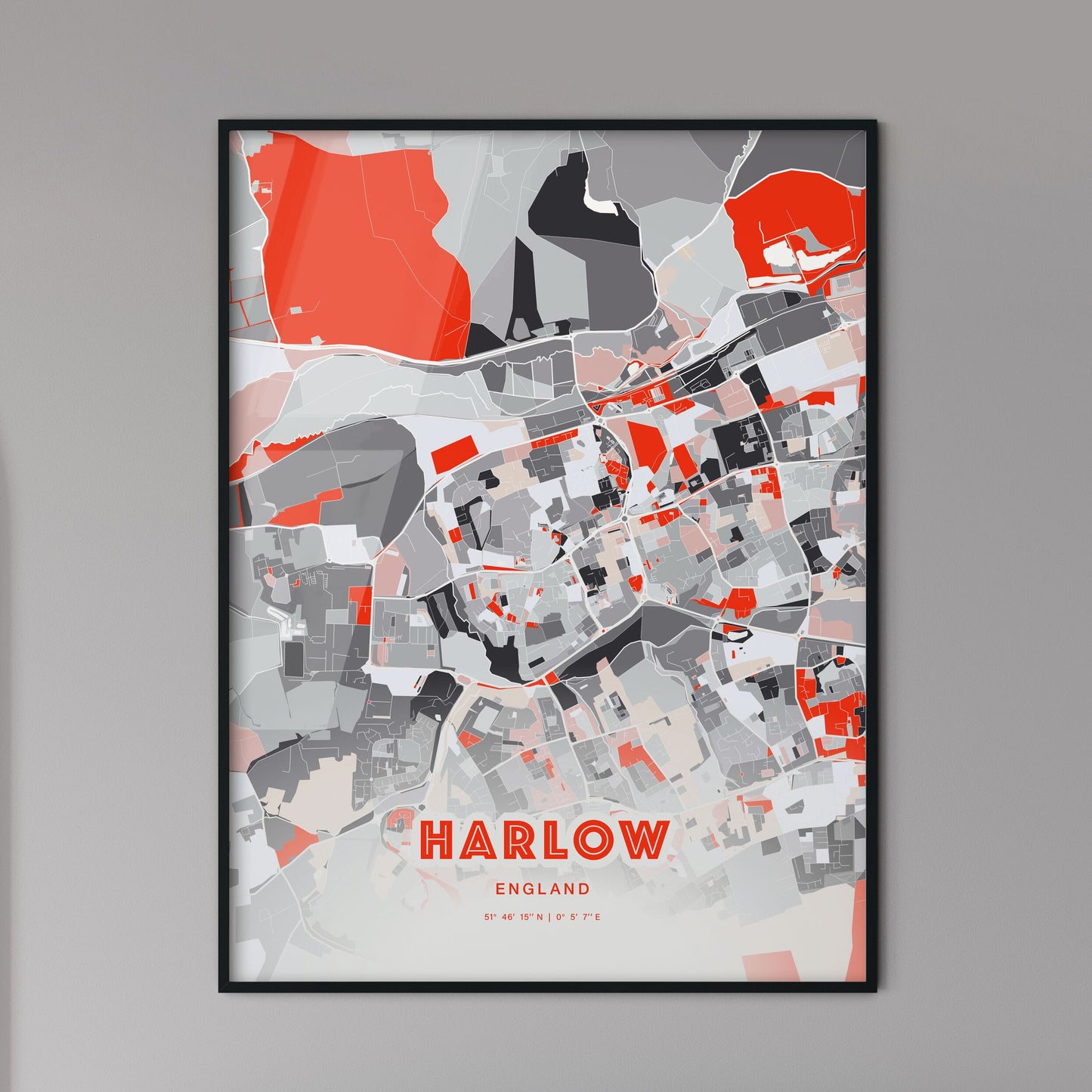 Colorful HARLOW ENGLAND Fine Art Map Modern