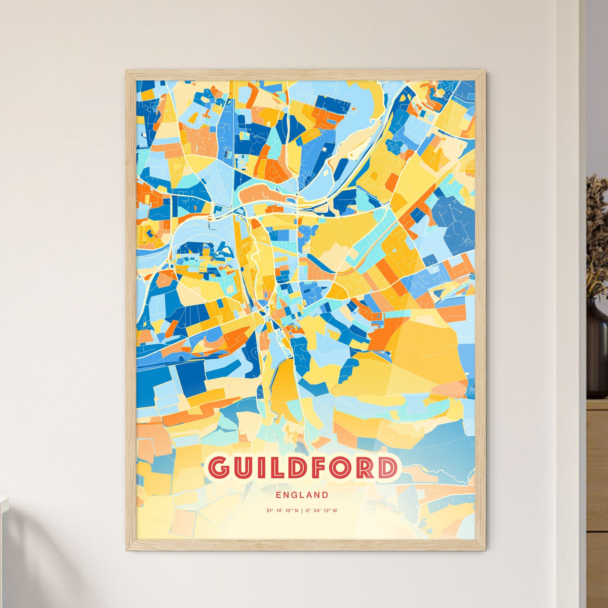 Colorful Guildford England Fine Art Map Blue Orange