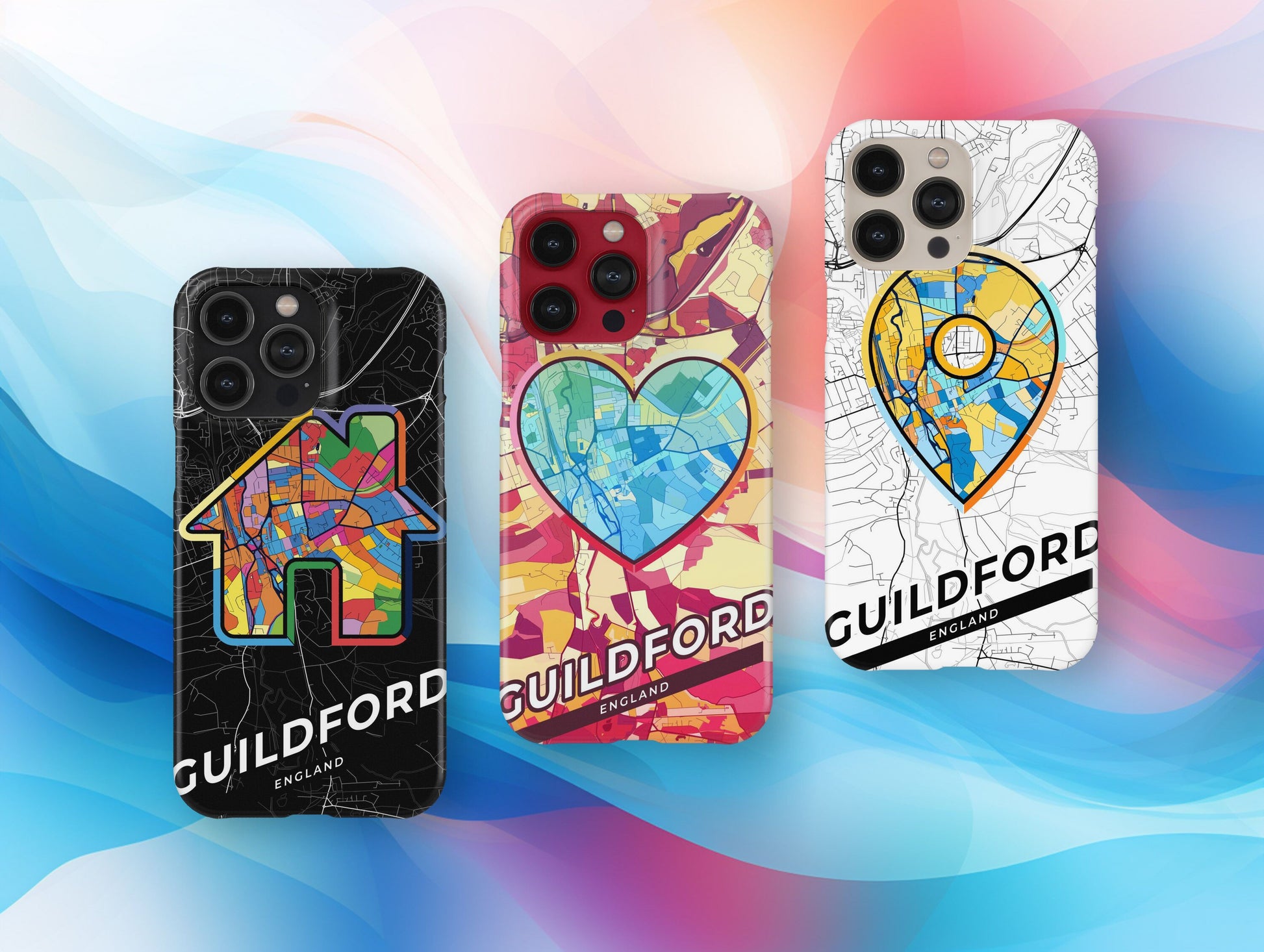Guildford England slim phone case with colorful icon. Birthday, wedding or housewarming gift. Couple match cases.