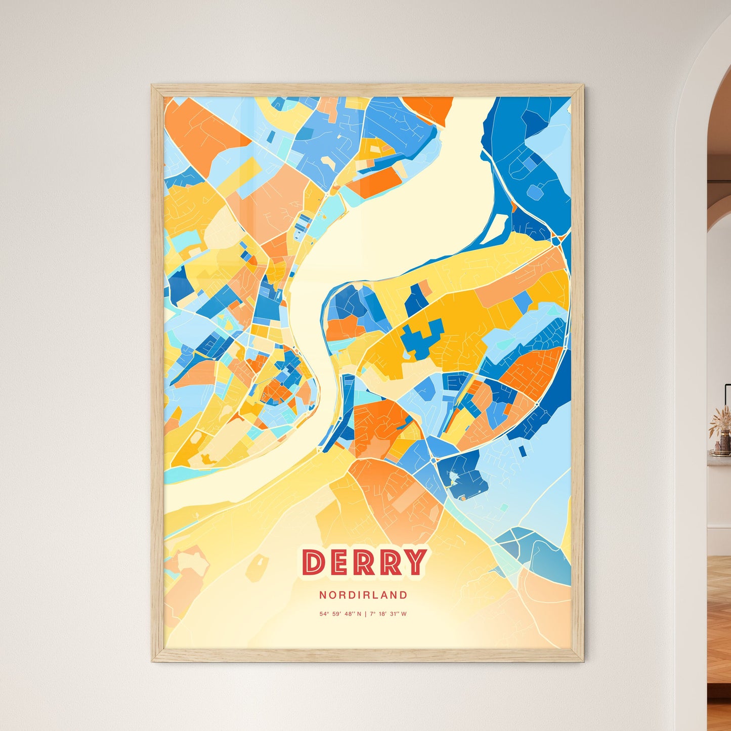 Colorful Derry Northern Ireland Fine Art Map Blue Orange