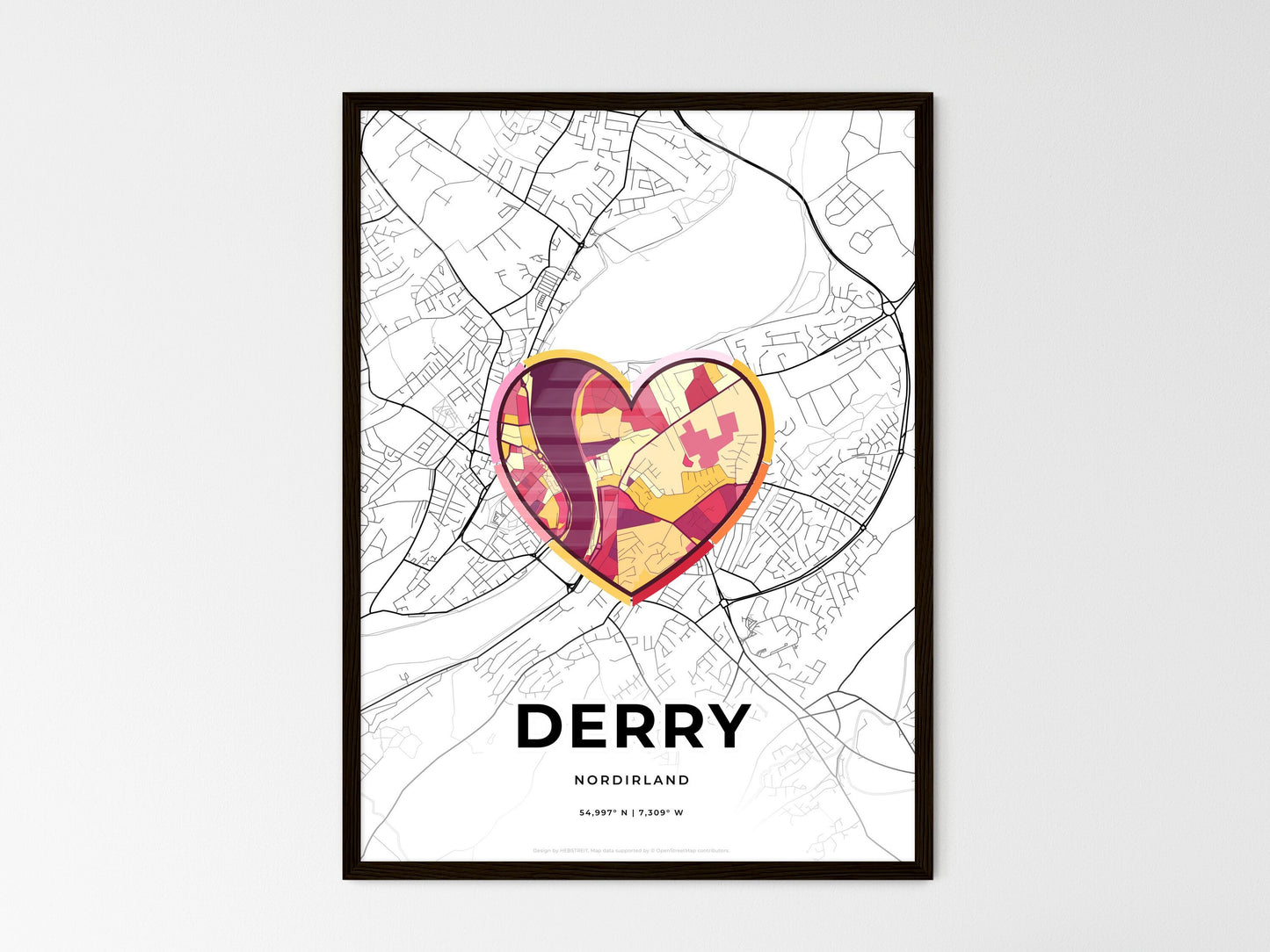 Derry Northern Ireland wedding art map with heart icon