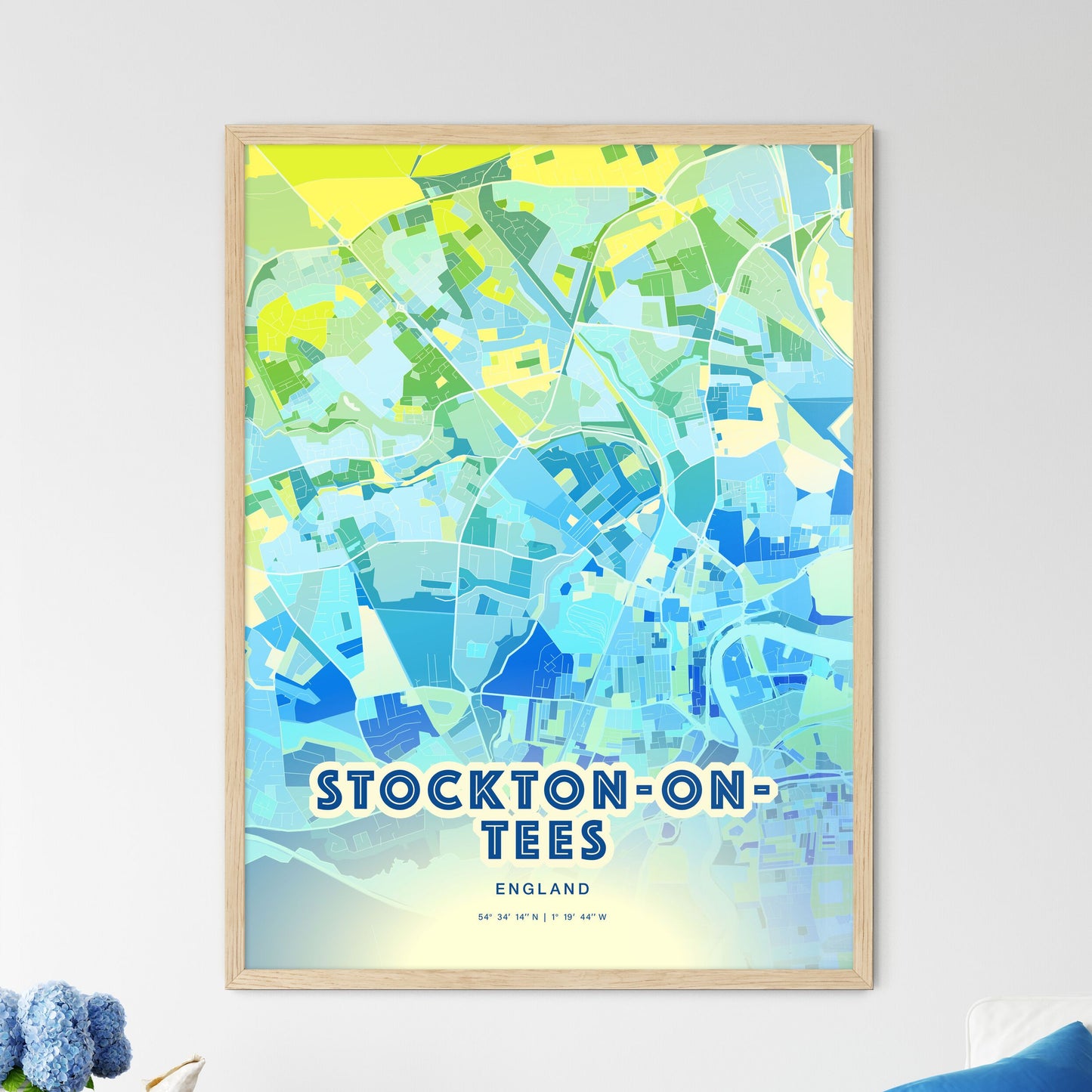 Colorful STOCKTON-ON-TEES ENGLAND Fine Art Map Cool Blue