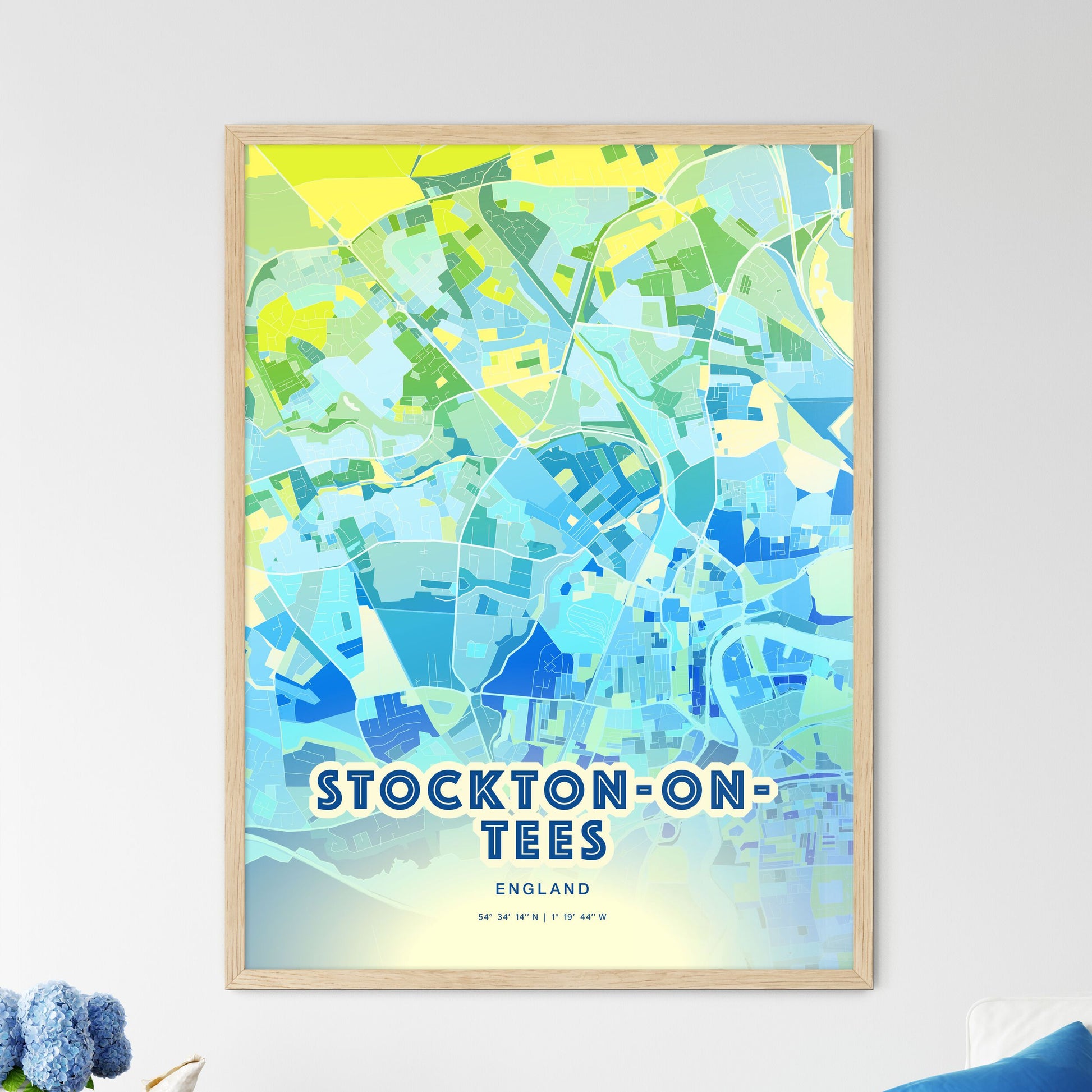 Colorful STOCKTON-ON-TEES ENGLAND Fine Art Map Cool Blue