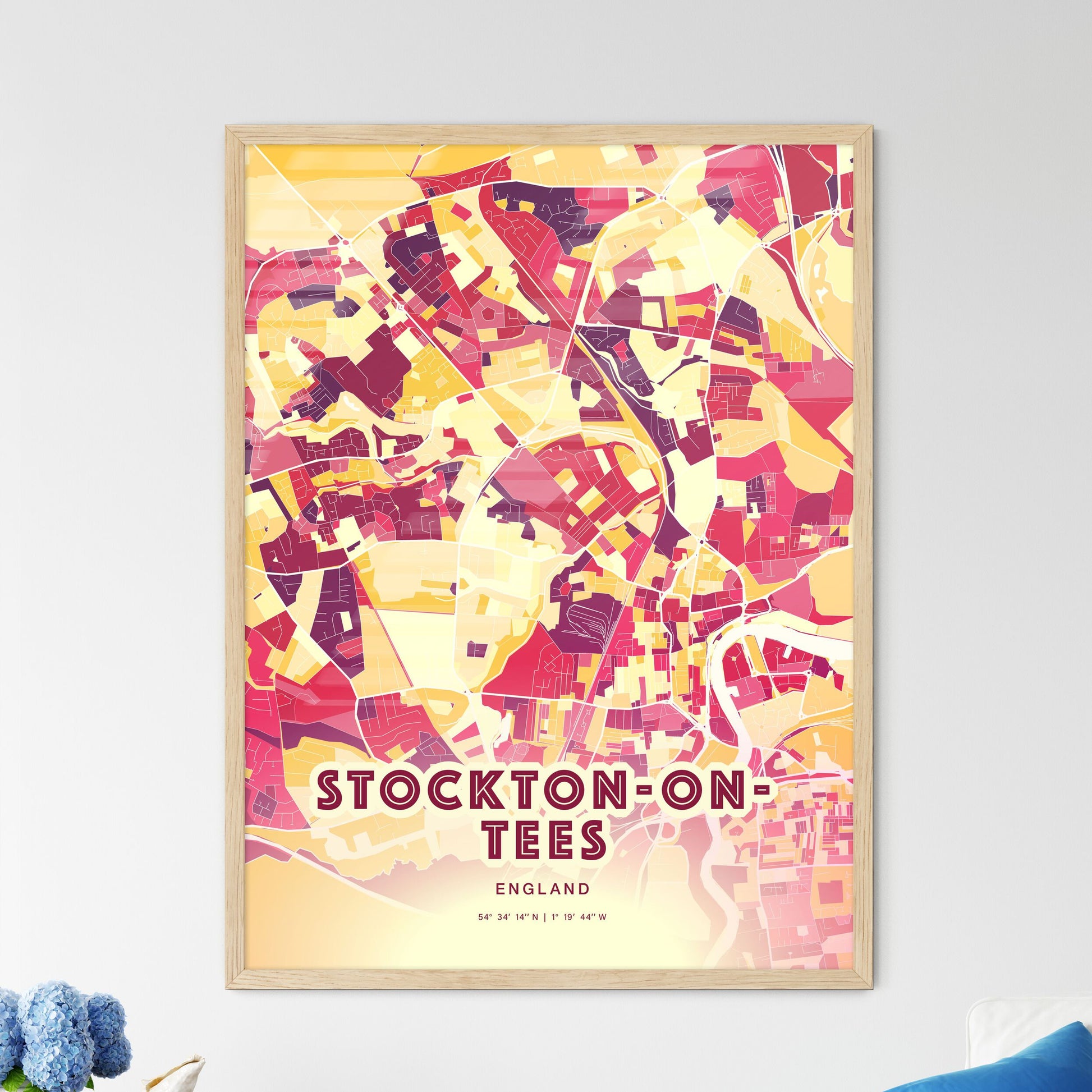 Colorful STOCKTON-ON-TEES ENGLAND Fine Art Map Hot Red