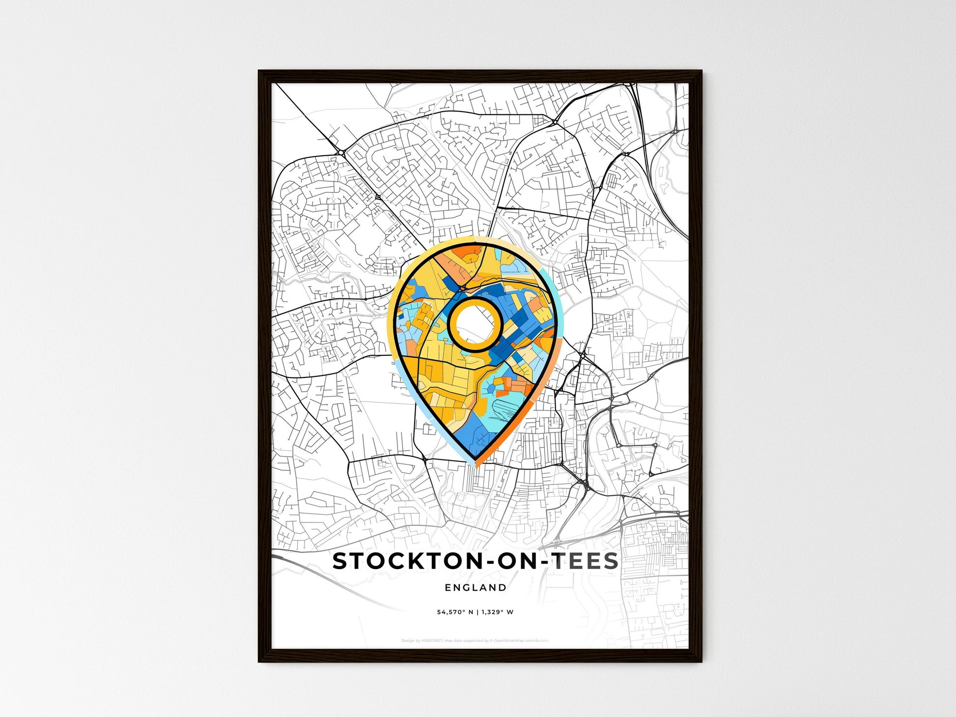 Stockton-On-Tees England wedding art map with pointer icon