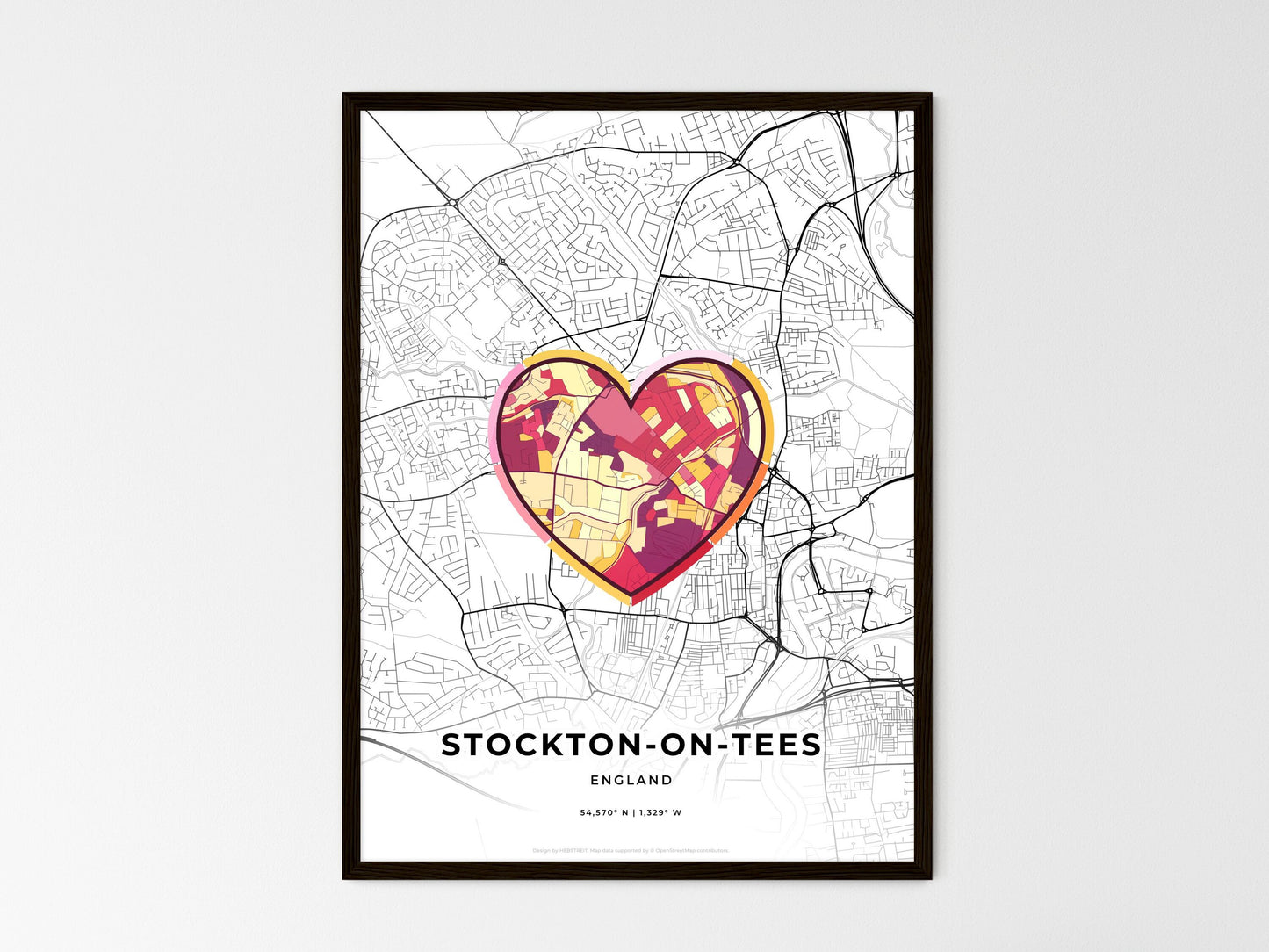 Stockton-On-Tees England wedding art map with heart icon