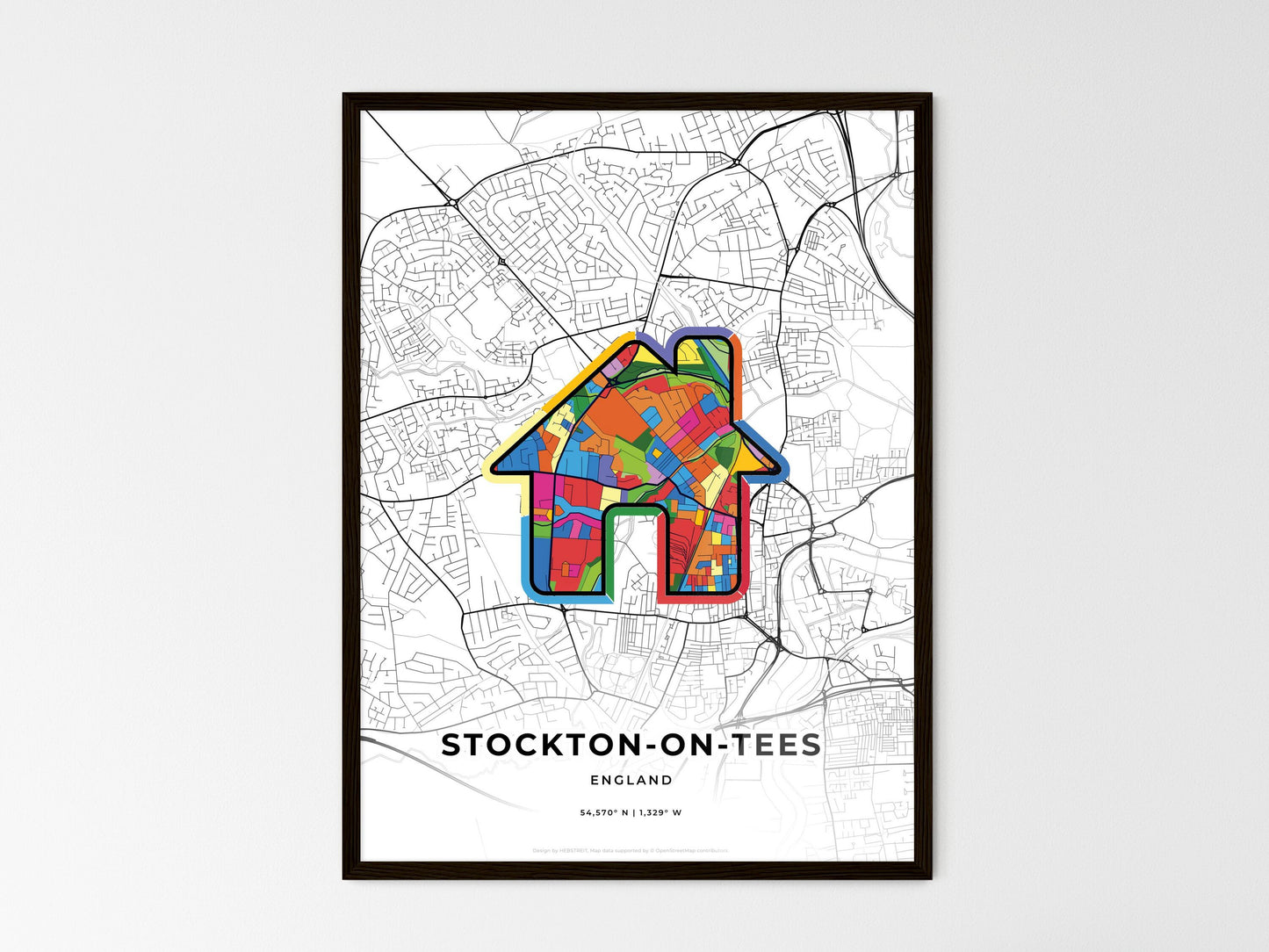 Stockton-On-Tees England wedding art map with home icon