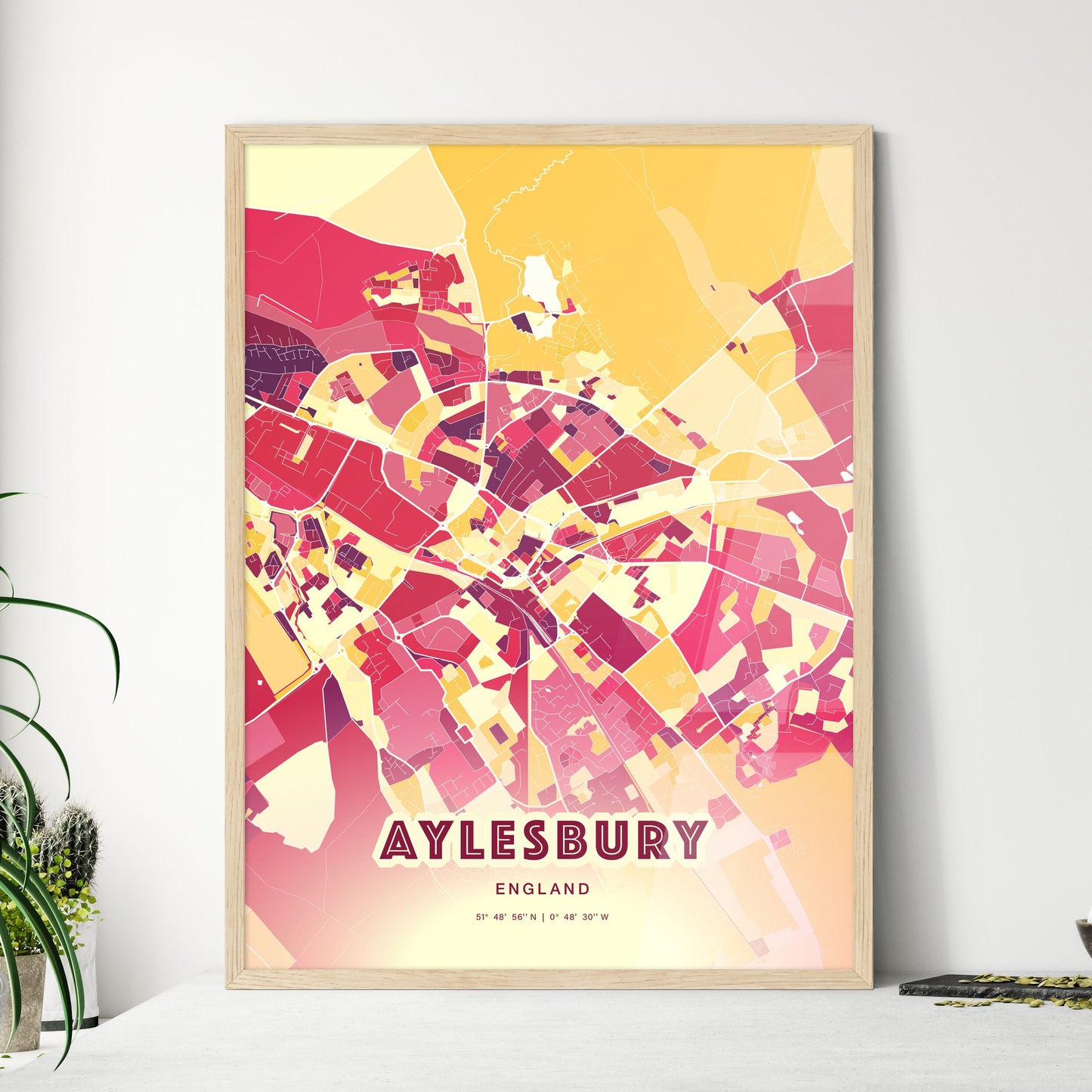 Colorful AYLESBURY ENGLAND Fine Art Map Hot Red