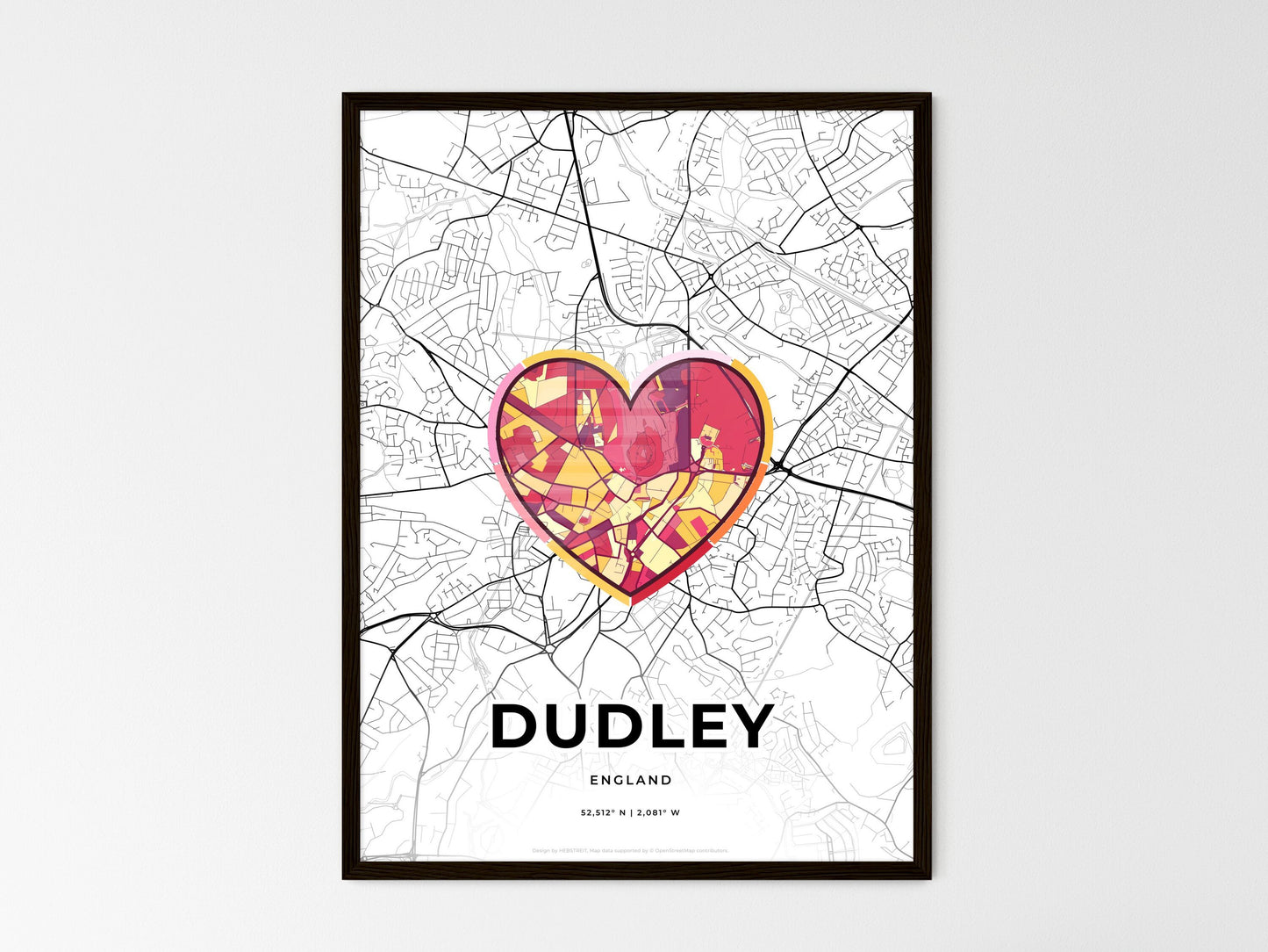 Dudley England wedding art map with heart icon