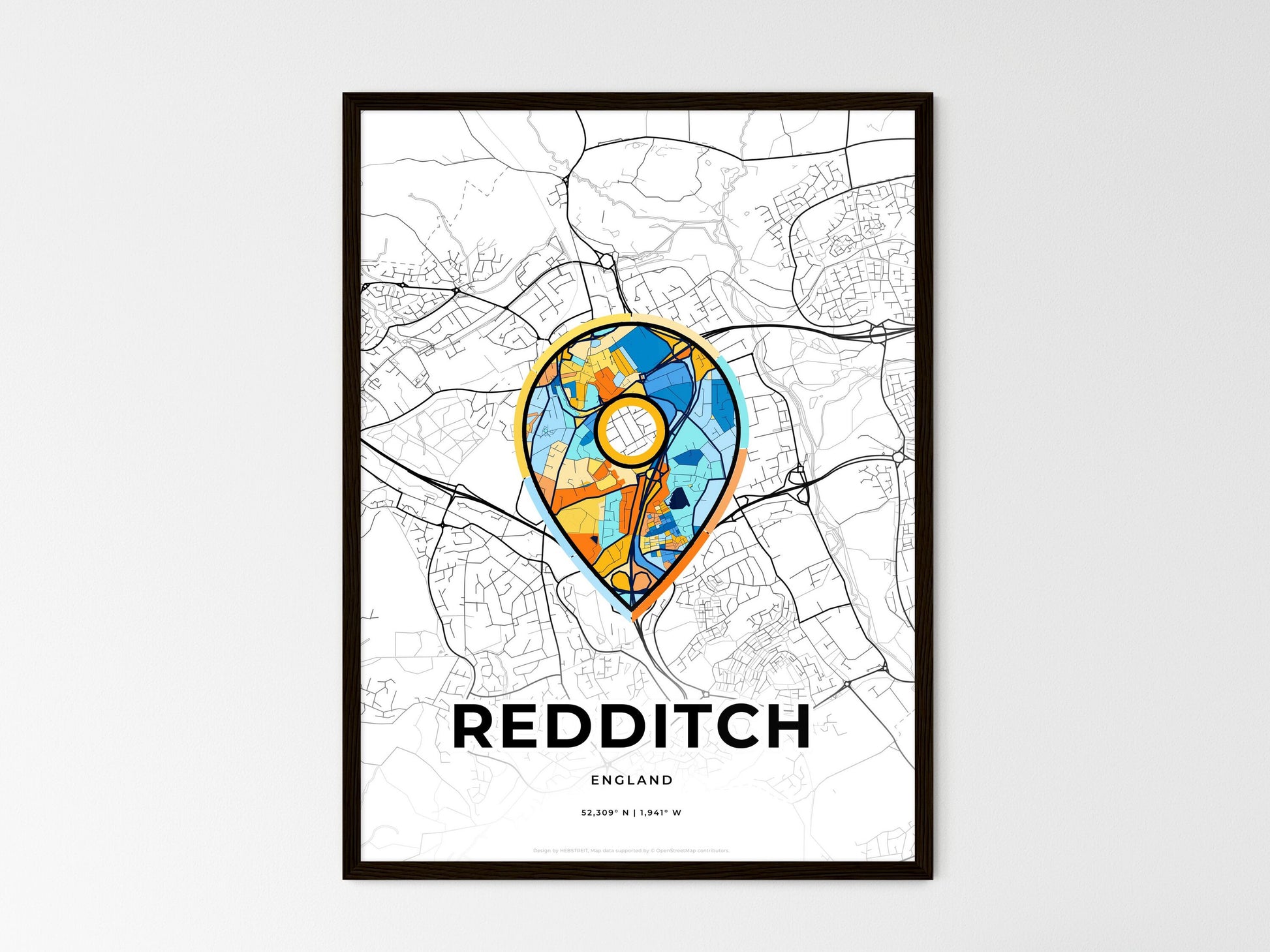 REDDITCH ENGLAND minimal art map with a colorful icon. Where it all began, Couple map gift. Style 1