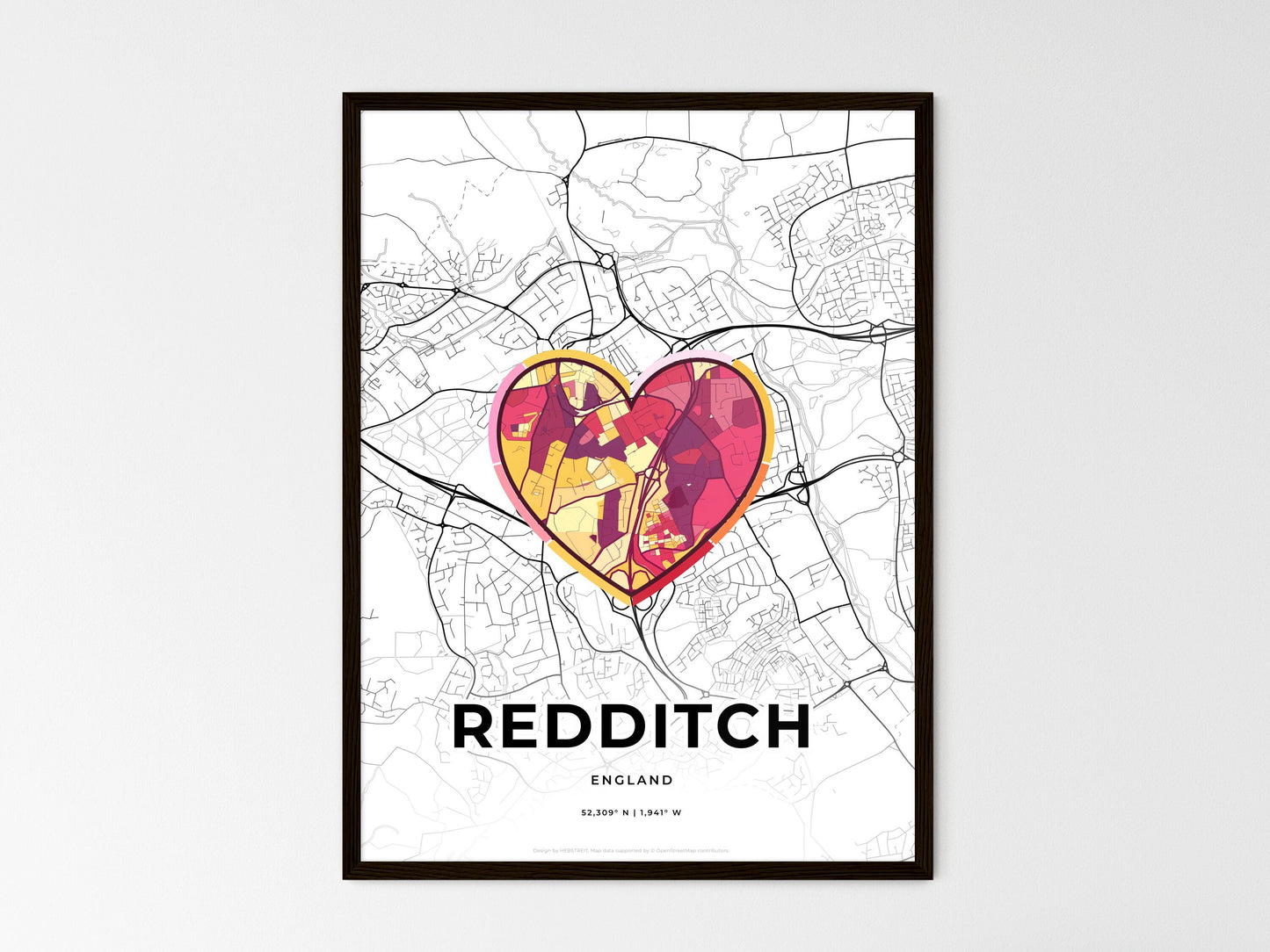 REDDITCH ENGLAND minimal art map with a colorful icon. Where it all began, Couple map gift. Style 2