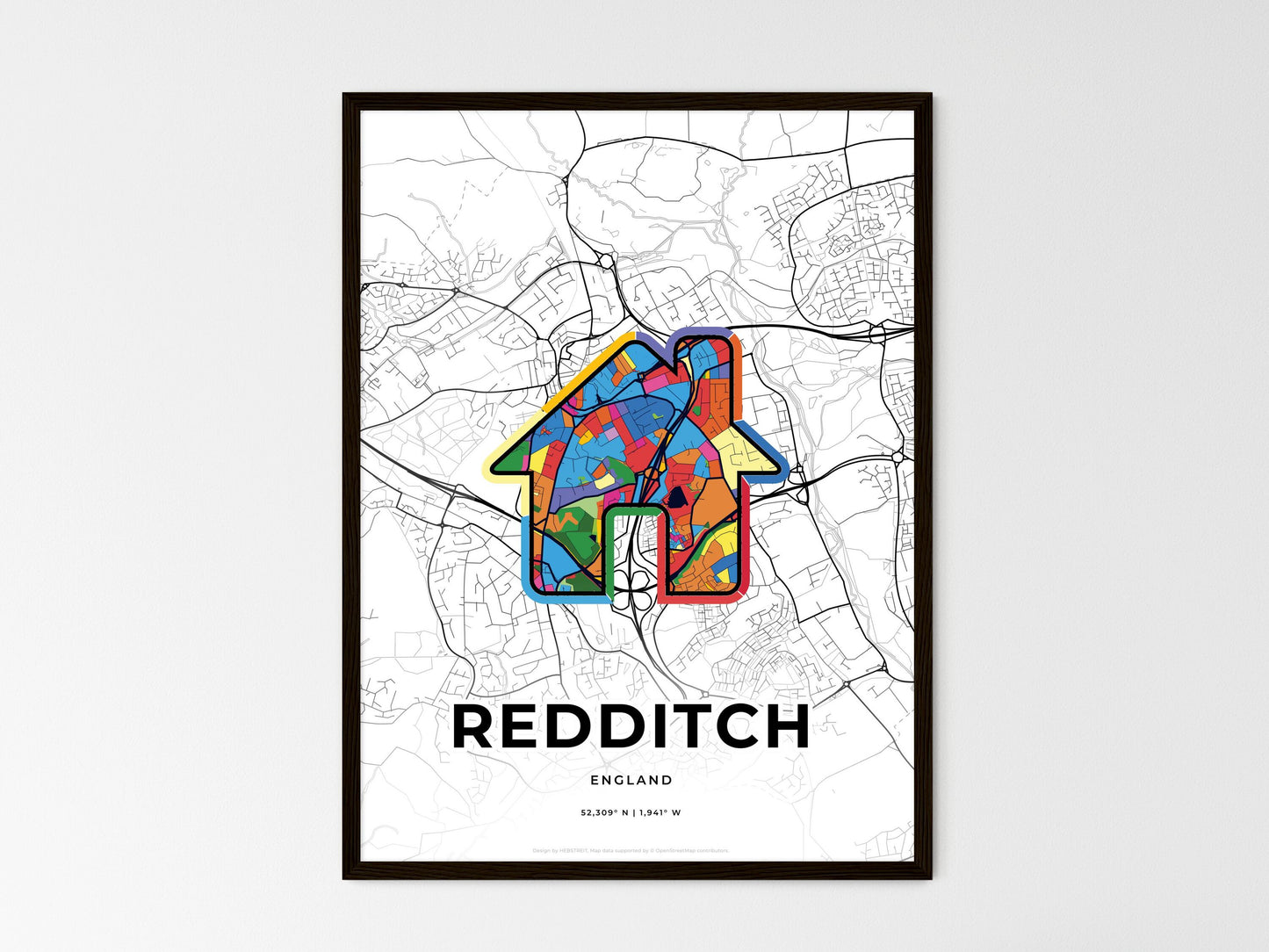 REDDITCH ENGLAND minimal art map with a colorful icon. Where it all began, Couple map gift. Style 3
