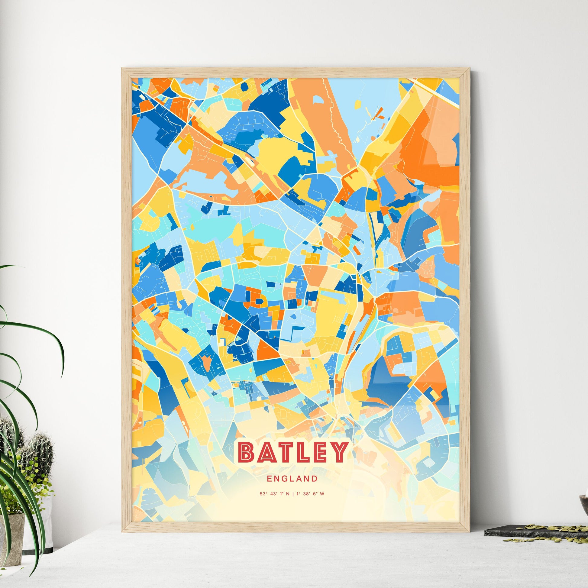 Colorful BATLEY ENGLAND Fine Art Map Blue Orange