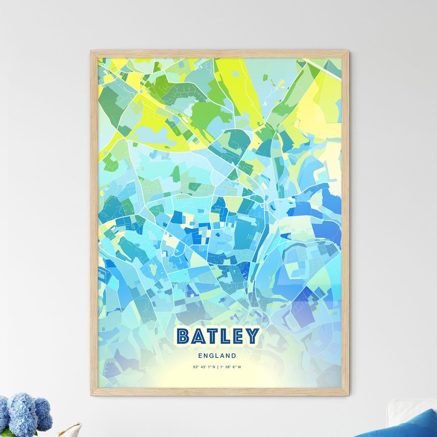 Colorful BATLEY ENGLAND Fine Art Map Cool Blue