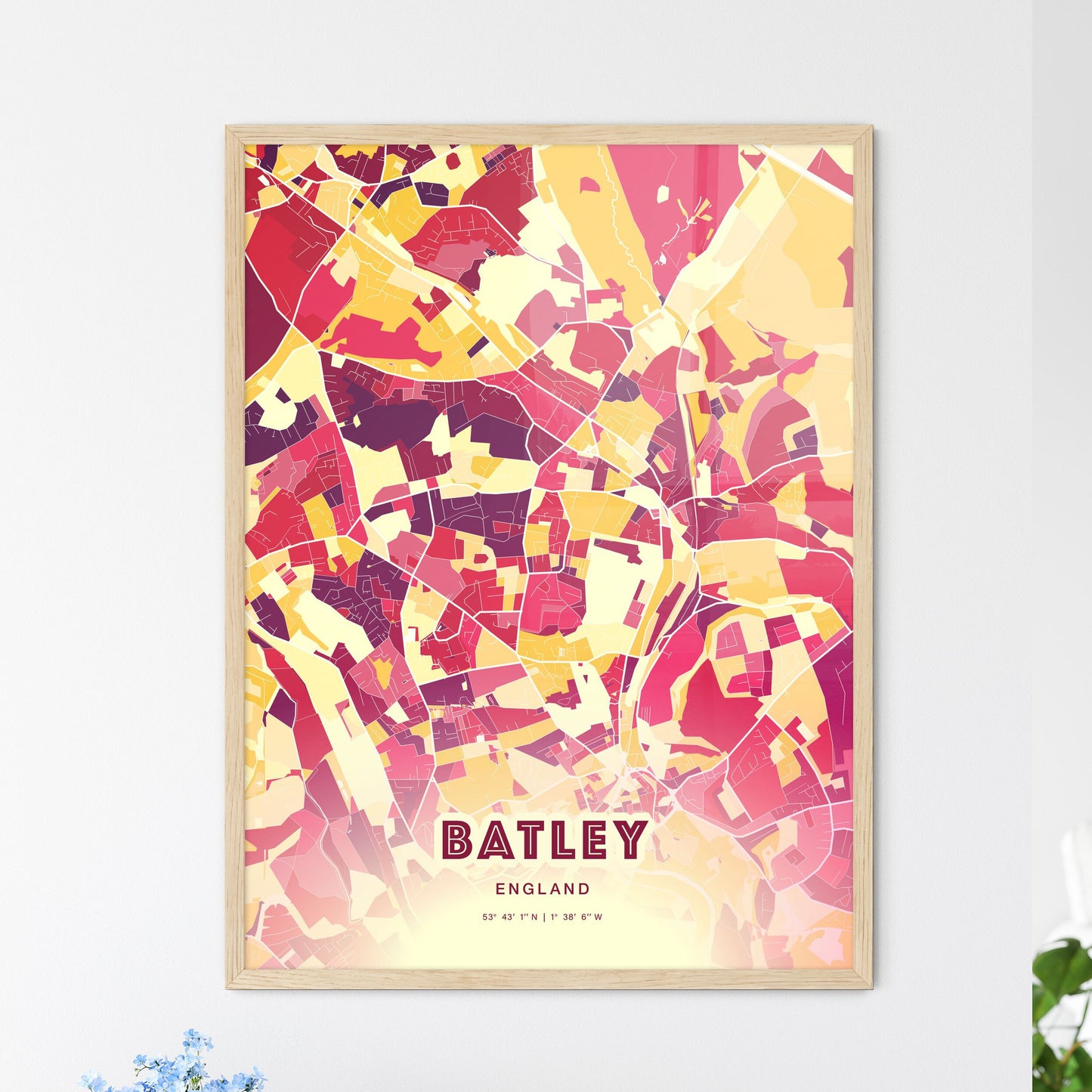 Colorful BATLEY ENGLAND Fine Art Map Hot Red