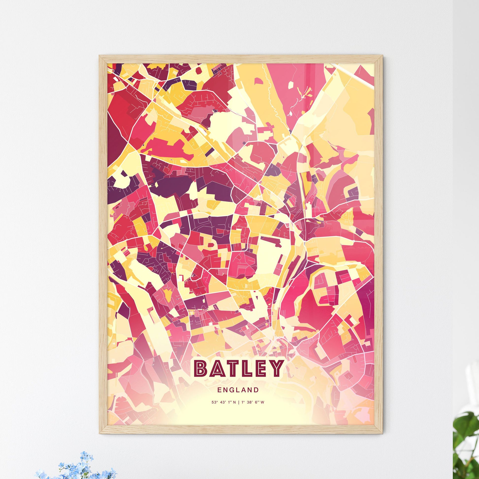 Colorful BATLEY ENGLAND Fine Art Map Hot Red