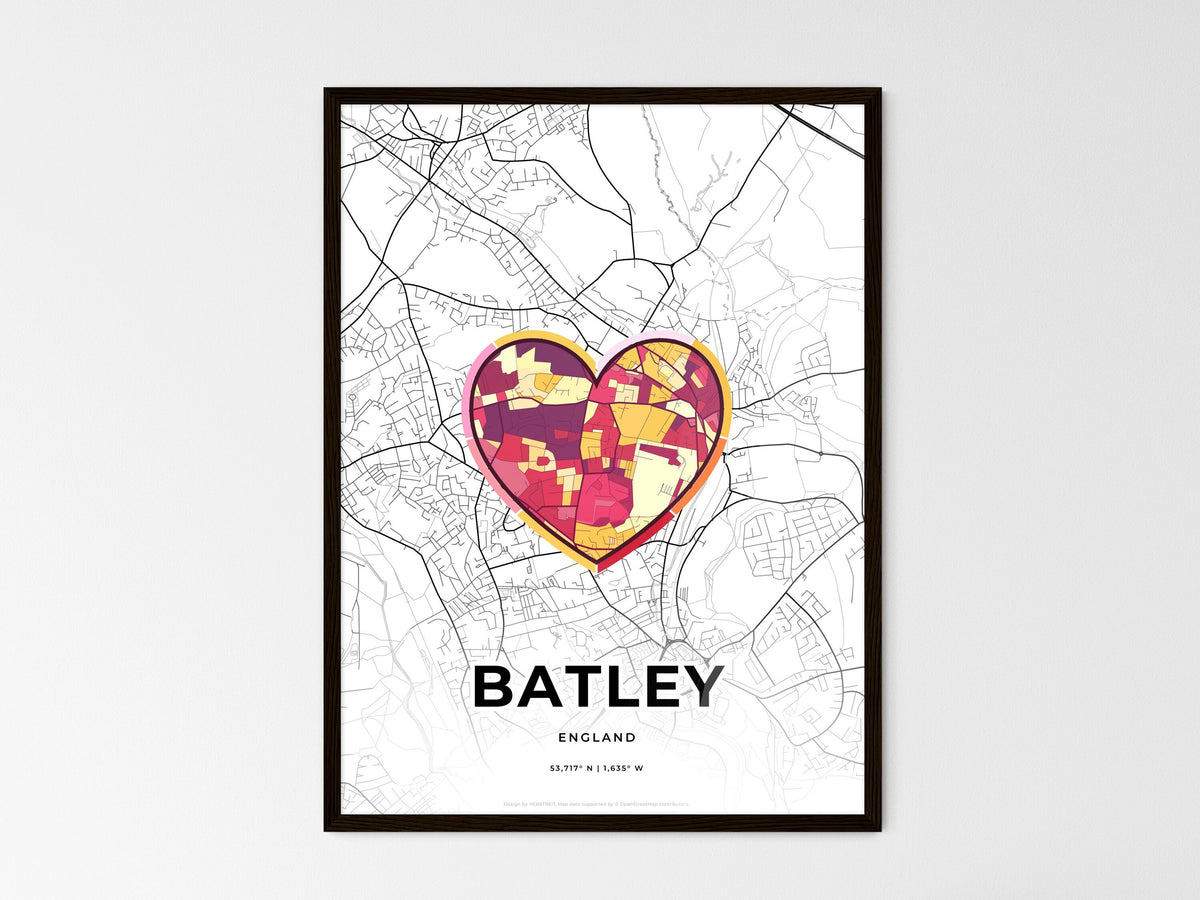 Batley England wedding art map with heart icon