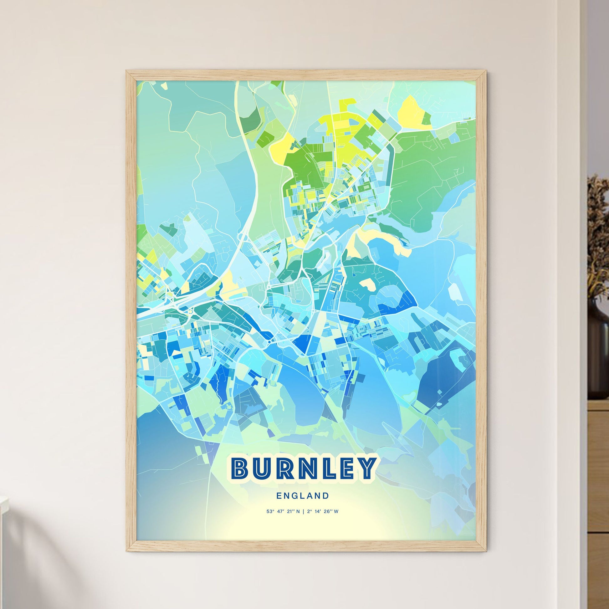 Colorful BURNLEY ENGLAND Fine Art Map Cool Blue