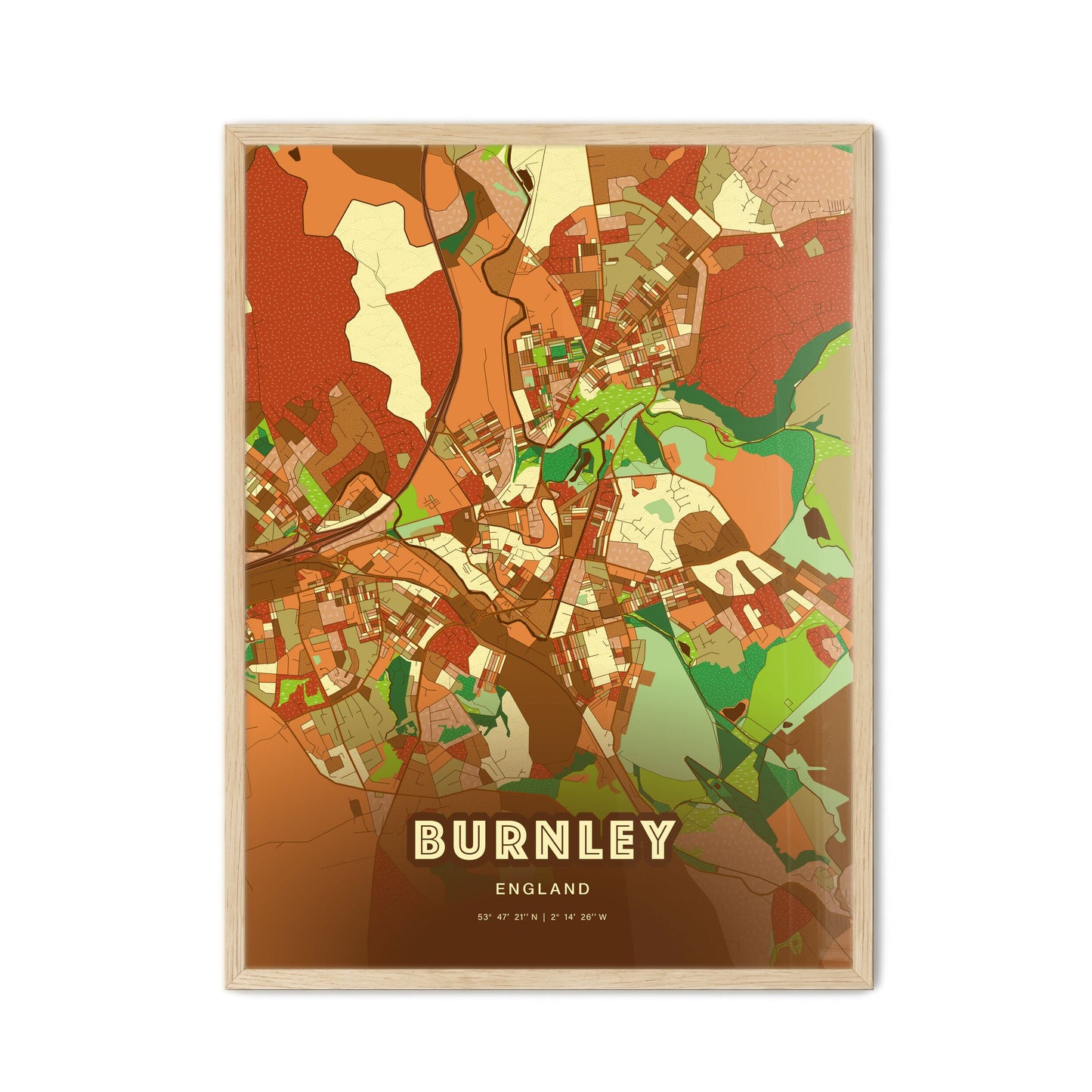 Colorful BURNLEY ENGLAND Fine Art Map Farmhouse