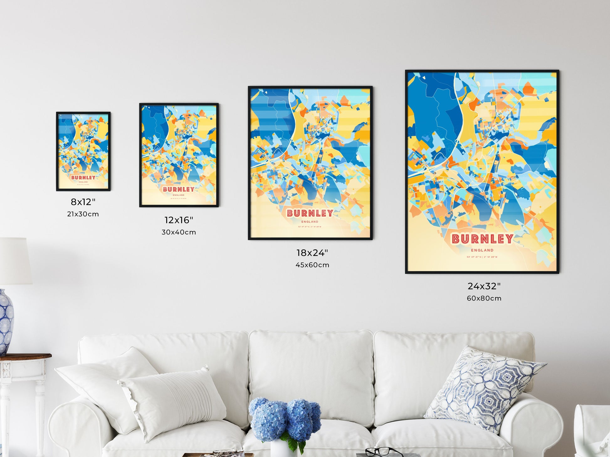 Colorful BURNLEY ENGLAND Fine Art Map Blue Orange