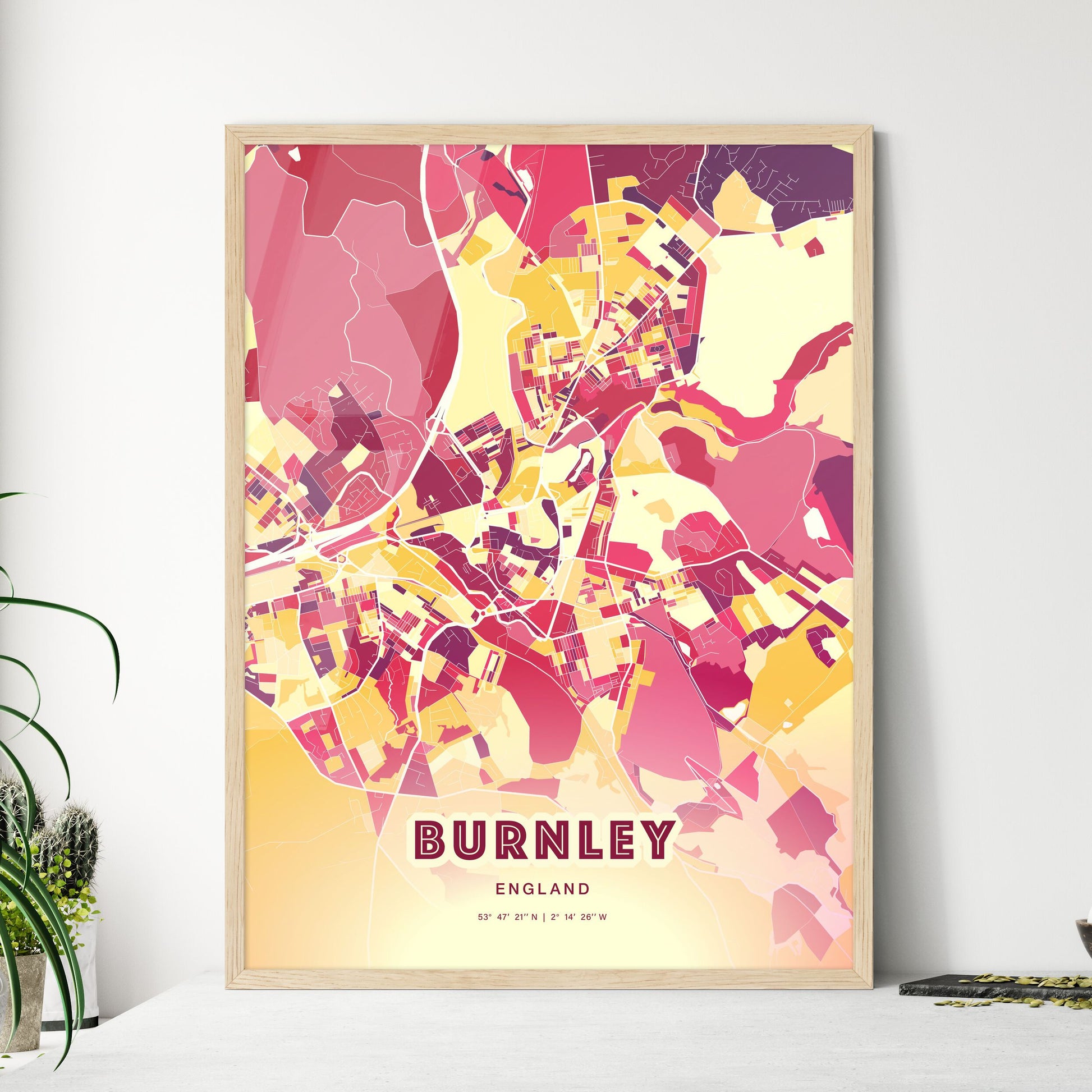 Colorful BURNLEY ENGLAND Fine Art Map Hot Red