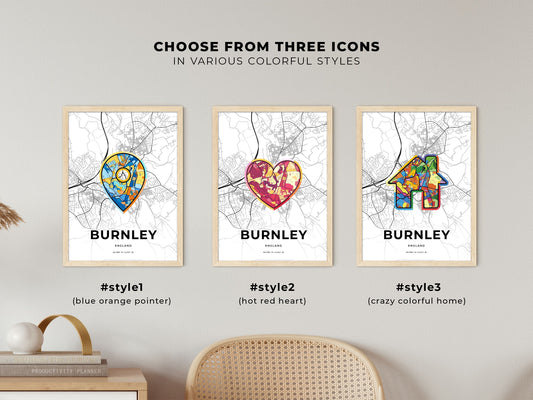 Burnley England maps with colorful icons
