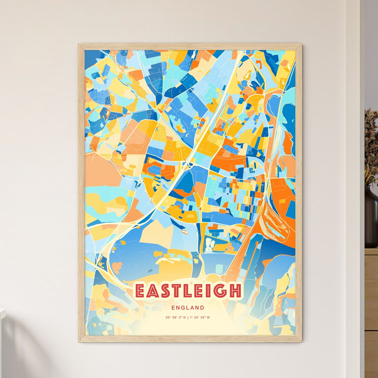 Colorful EASTLEIGH ENGLAND Fine Art Map Blue Orange