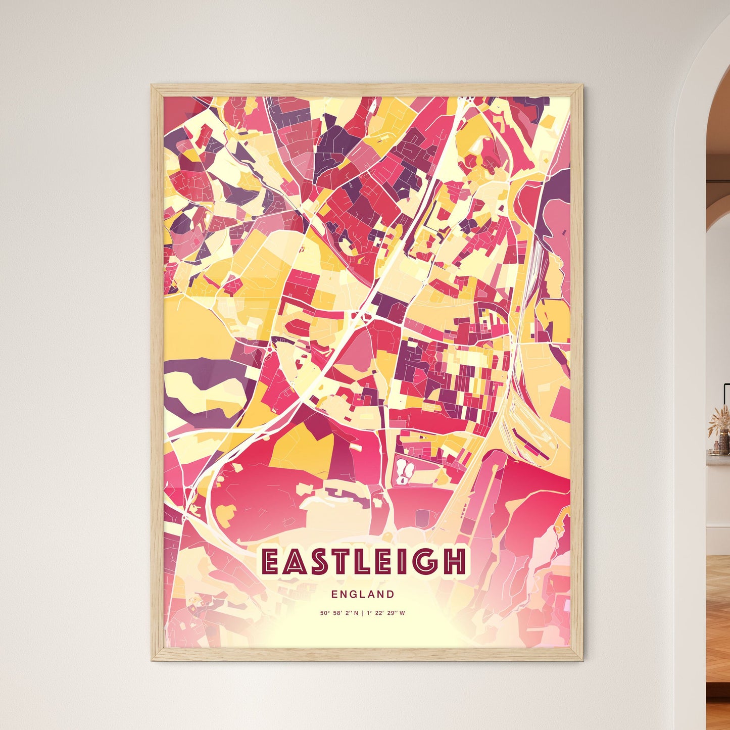 Colorful EASTLEIGH ENGLAND Fine Art Map Hot Red