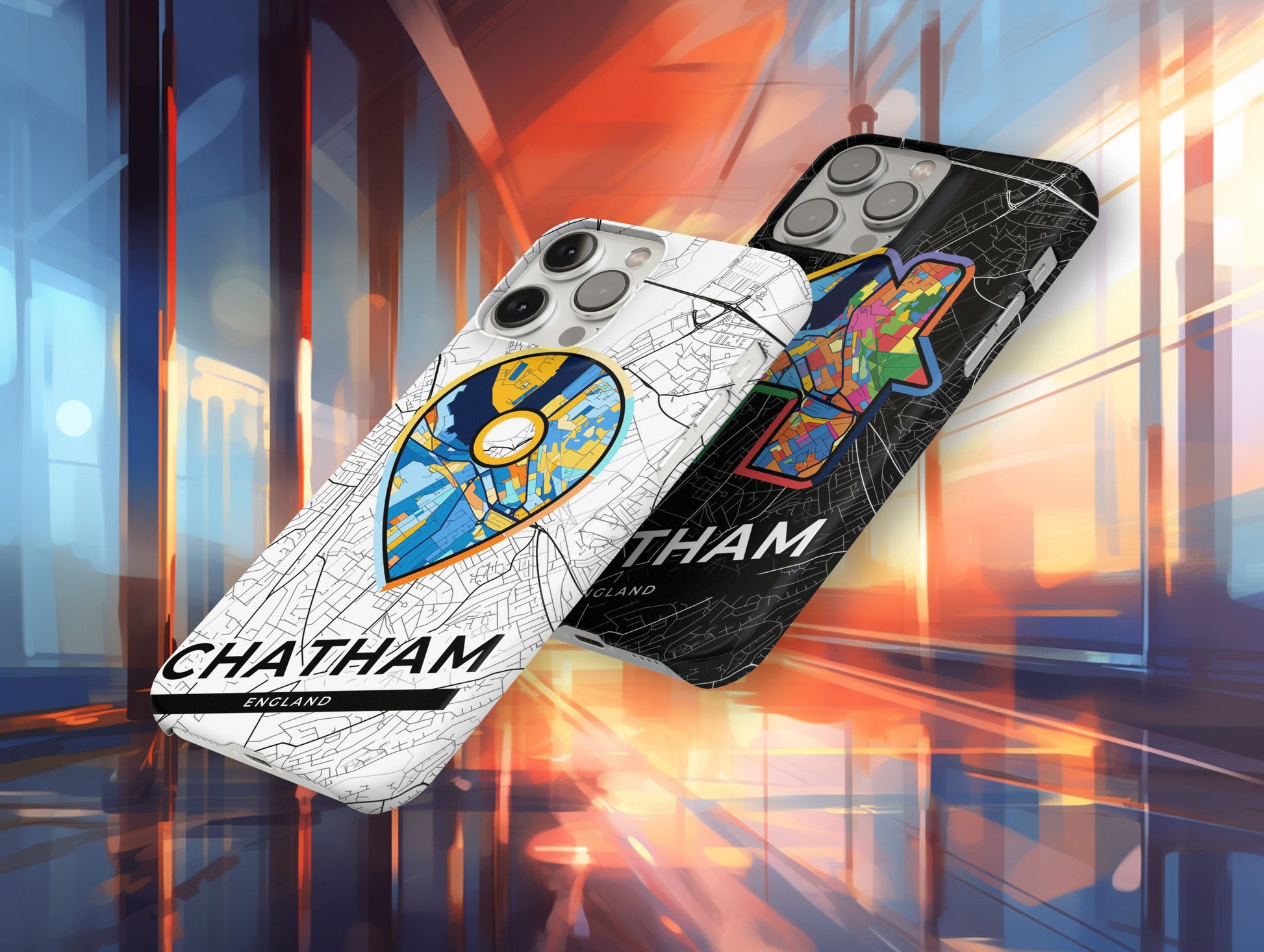 Chatham England slim phone case with colorful icon. Birthday, wedding or housewarming gift. Couple match cases.