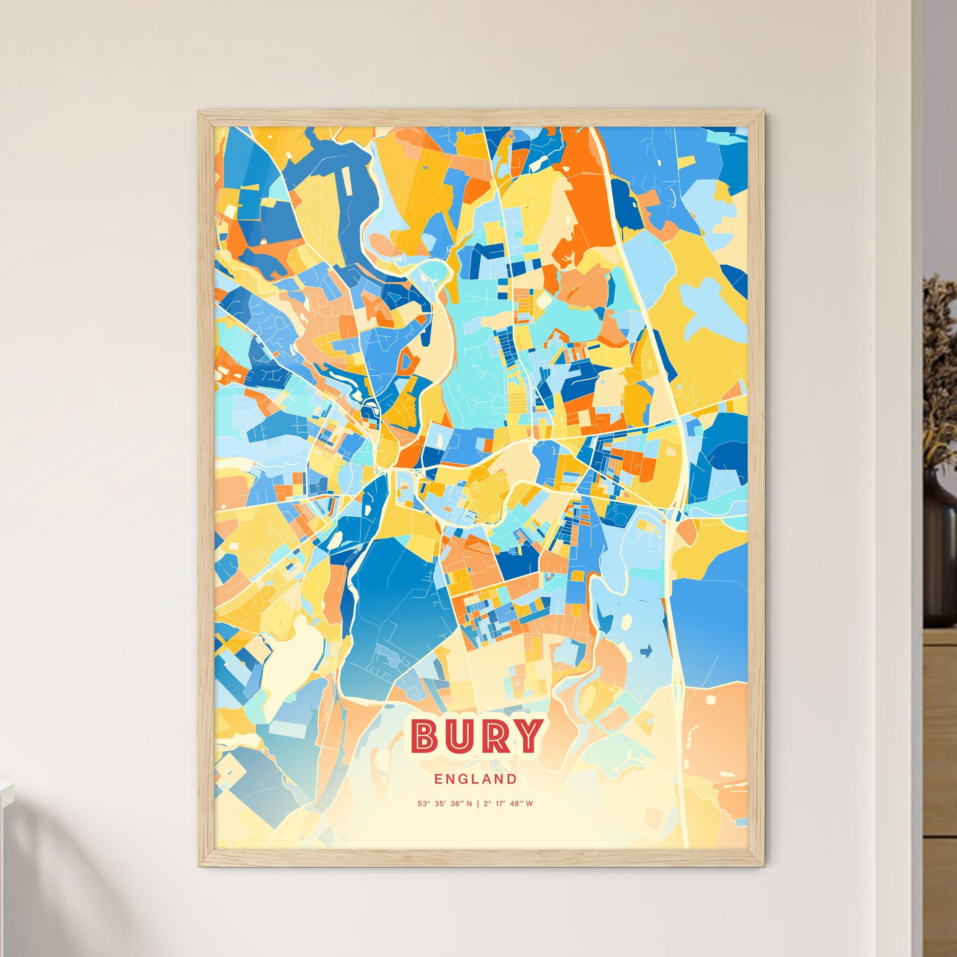 Colorful BURY ENGLAND Fine Art Map Blue Orange