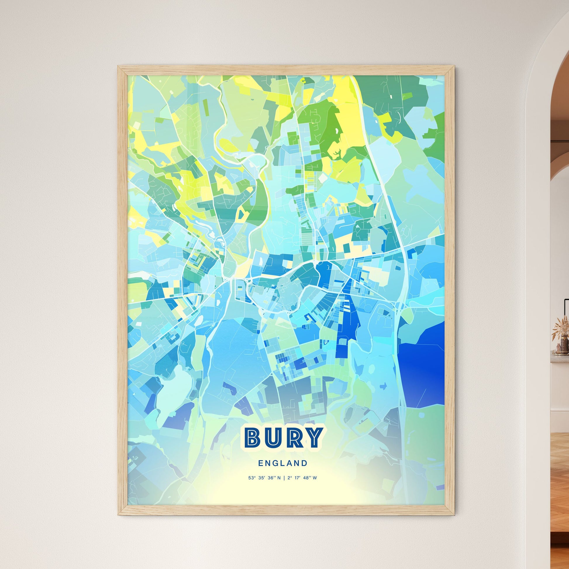 Colorful BURY ENGLAND Fine Art Map Cool Blue