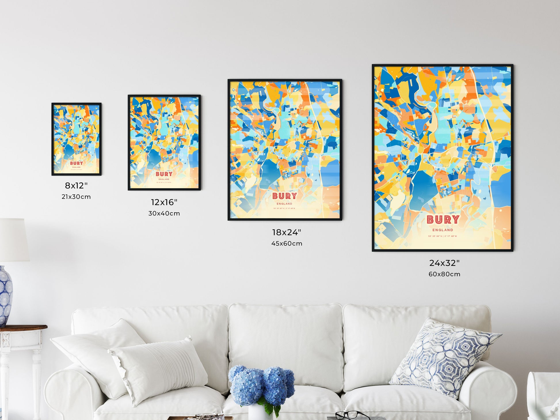 Colorful BURY ENGLAND Fine Art Map Blue Orange