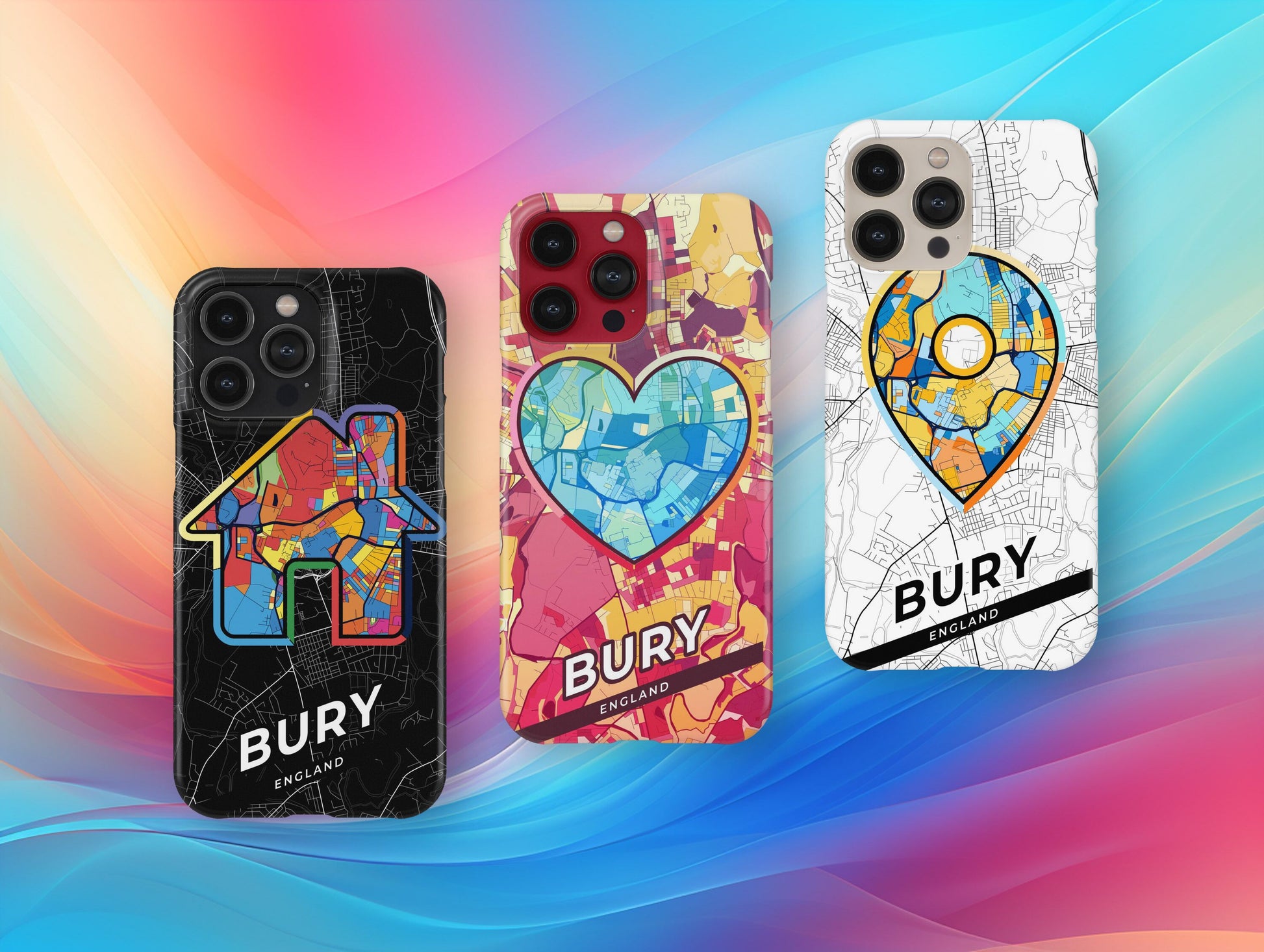Bury England slim phone case with colorful icon. Birthday, wedding or housewarming gift. Couple match cases.