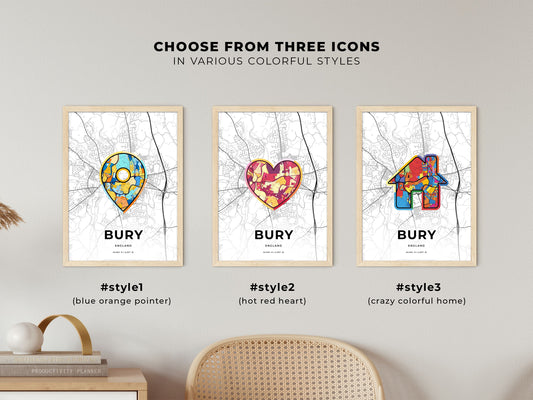 Bury England maps with colorful icons