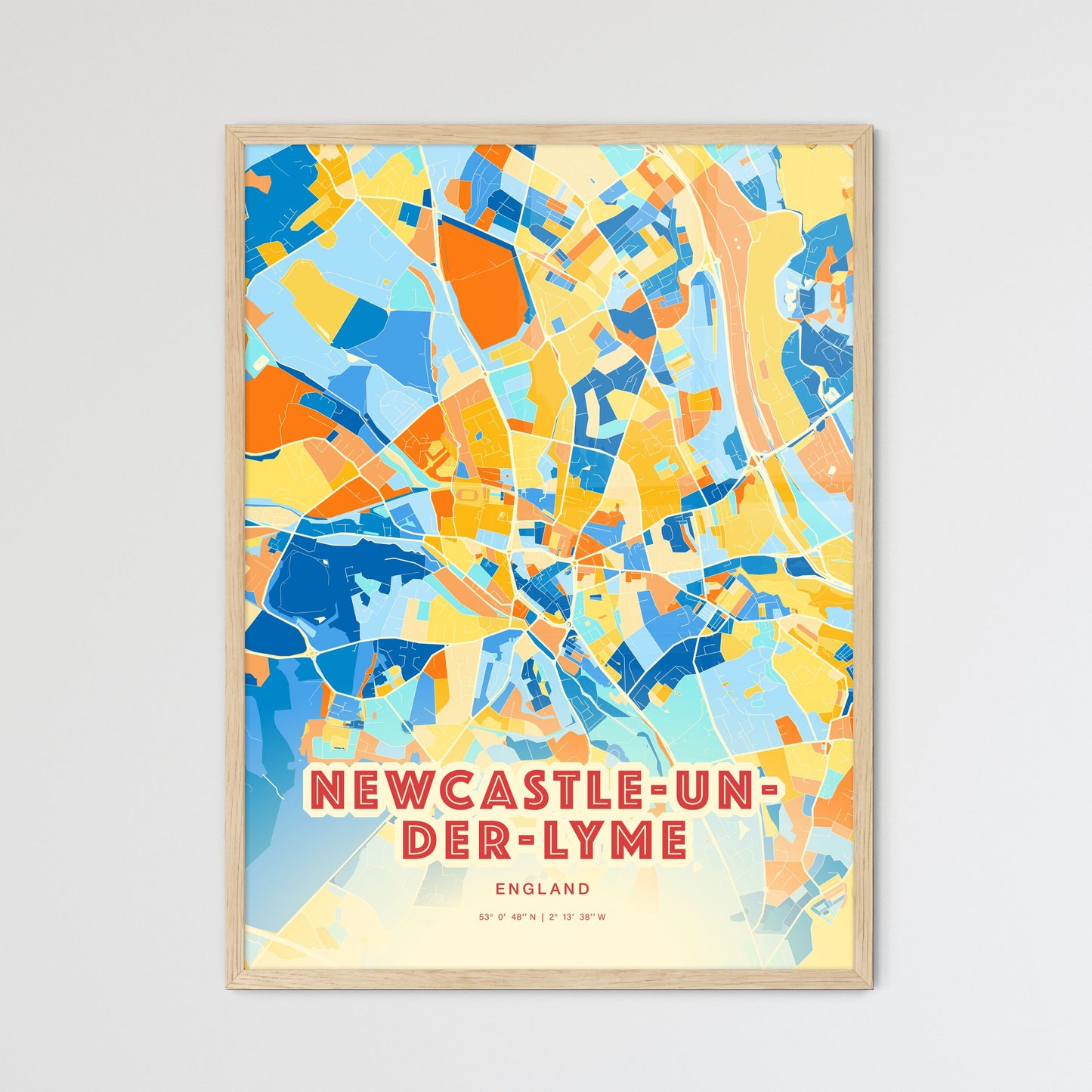 Colorful NEWCASTLE-UNDER-LYME ENGLAND Fine Art Map Blue Orange