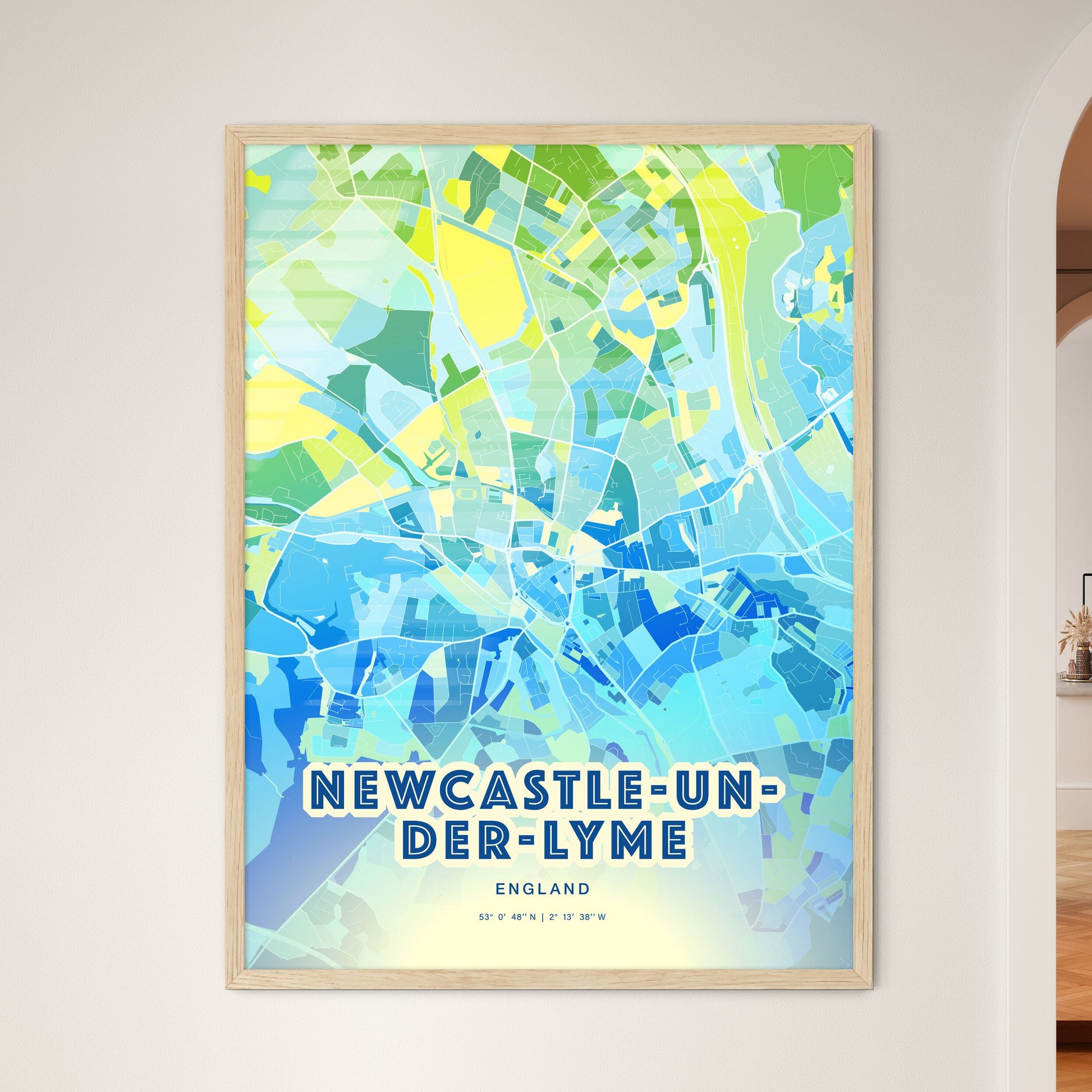 Colorful NEWCASTLE-UNDER-LYME ENGLAND Fine Art Map Cool Blue