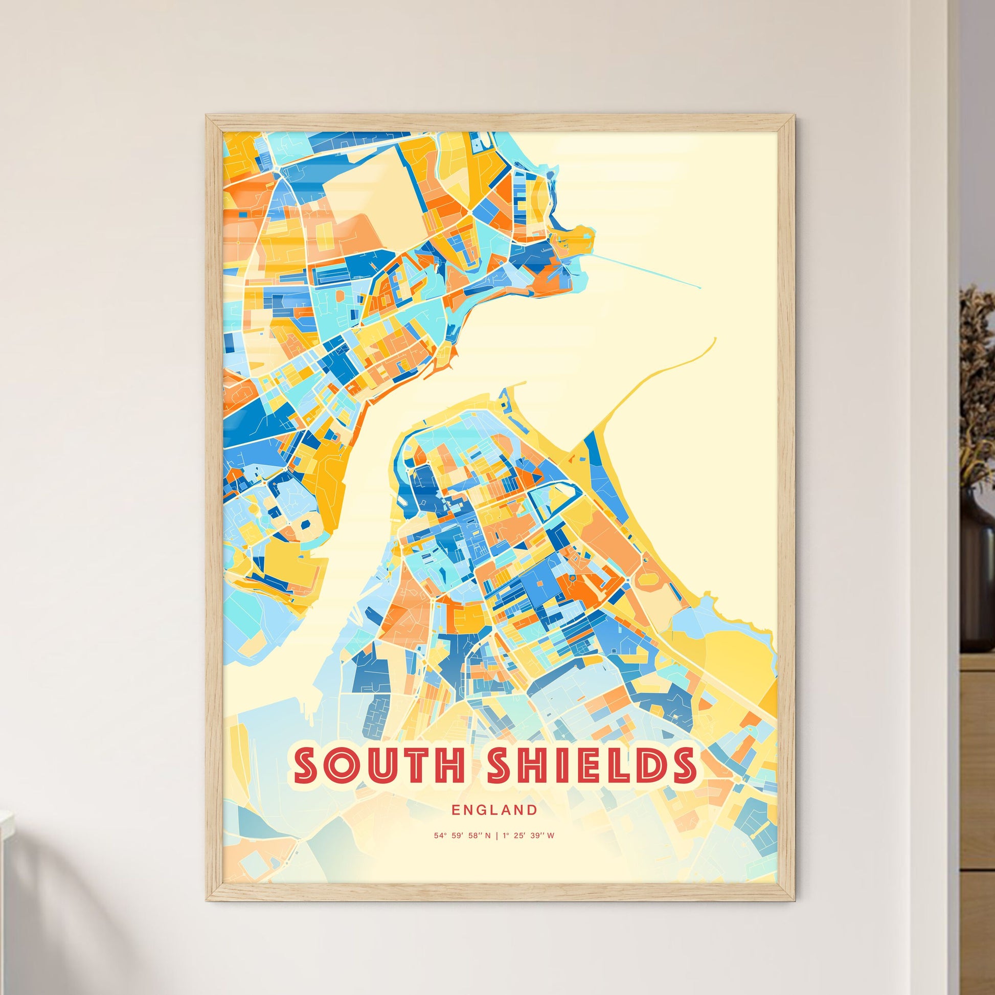 Colorful South Shields England Fine Art Map Blue Orange