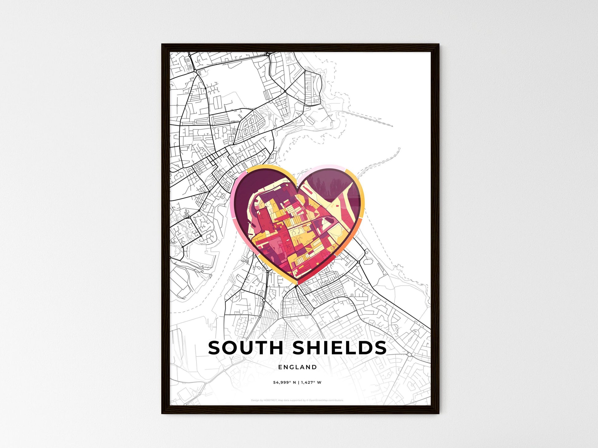 South Shields England wedding art map with heart icon