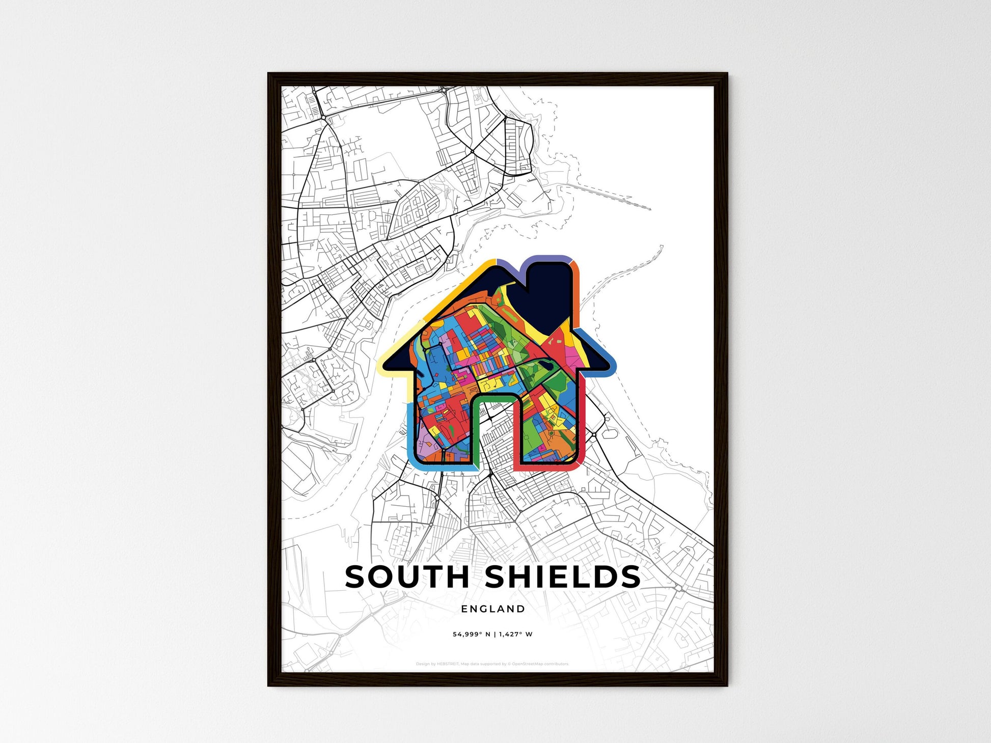 South Shields England wedding art map with home icon
