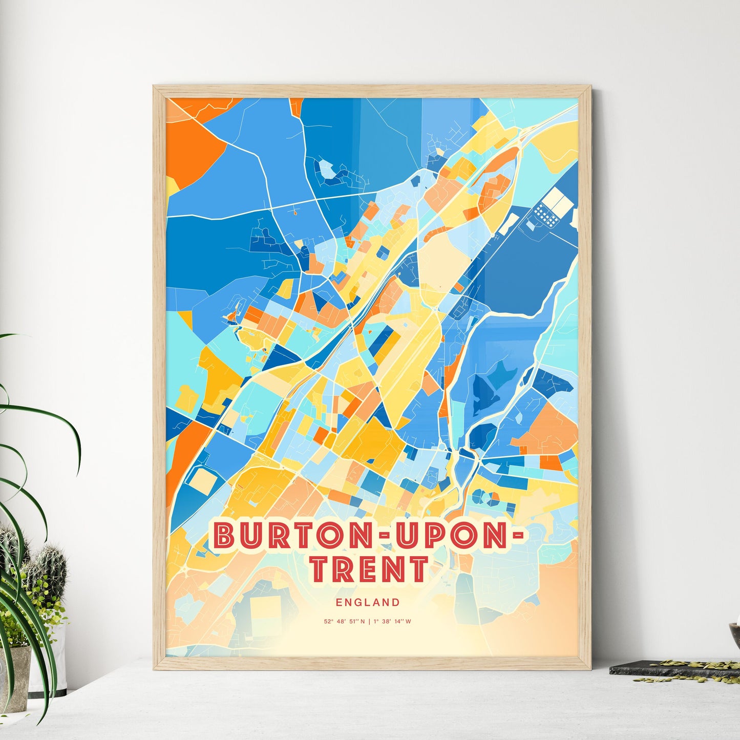 Colorful BURTON-UPON-TRENT ENGLAND Fine Art Map Blue Orange