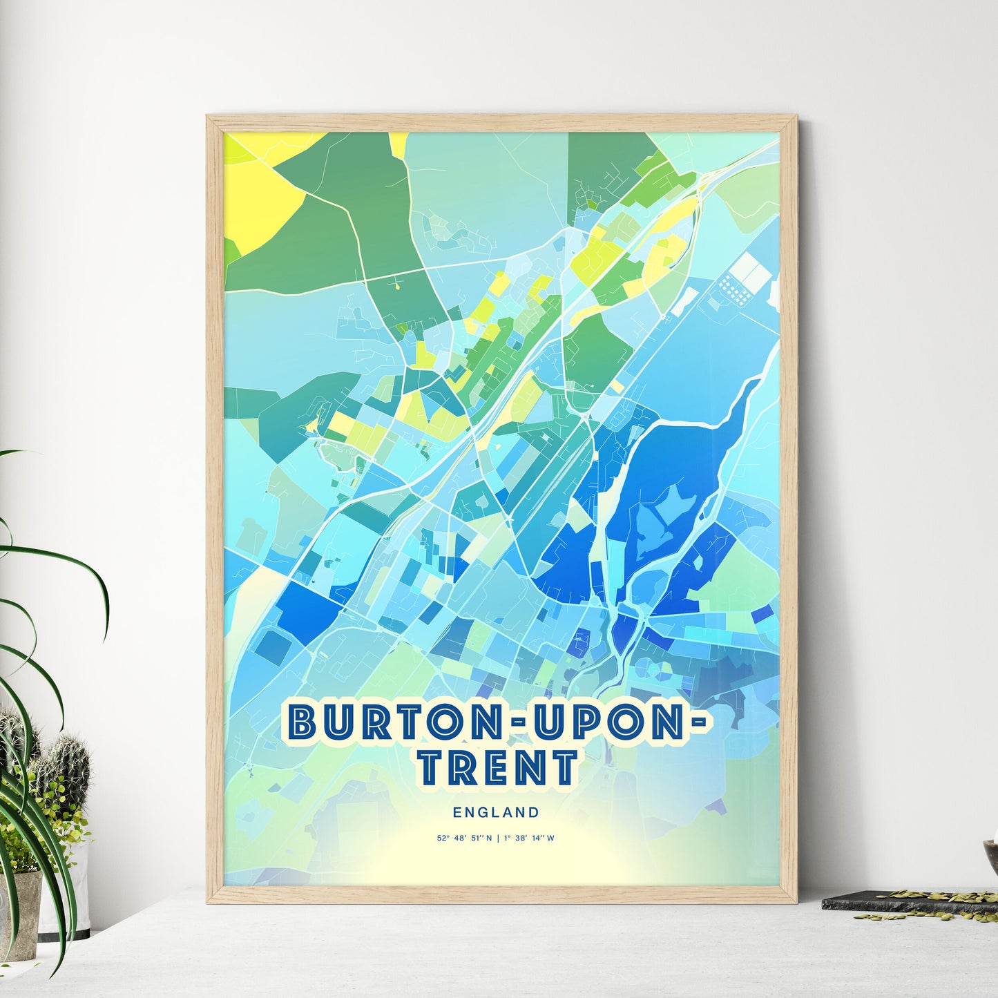 Colorful BURTON-UPON-TRENT ENGLAND Fine Art Map Cool Blue