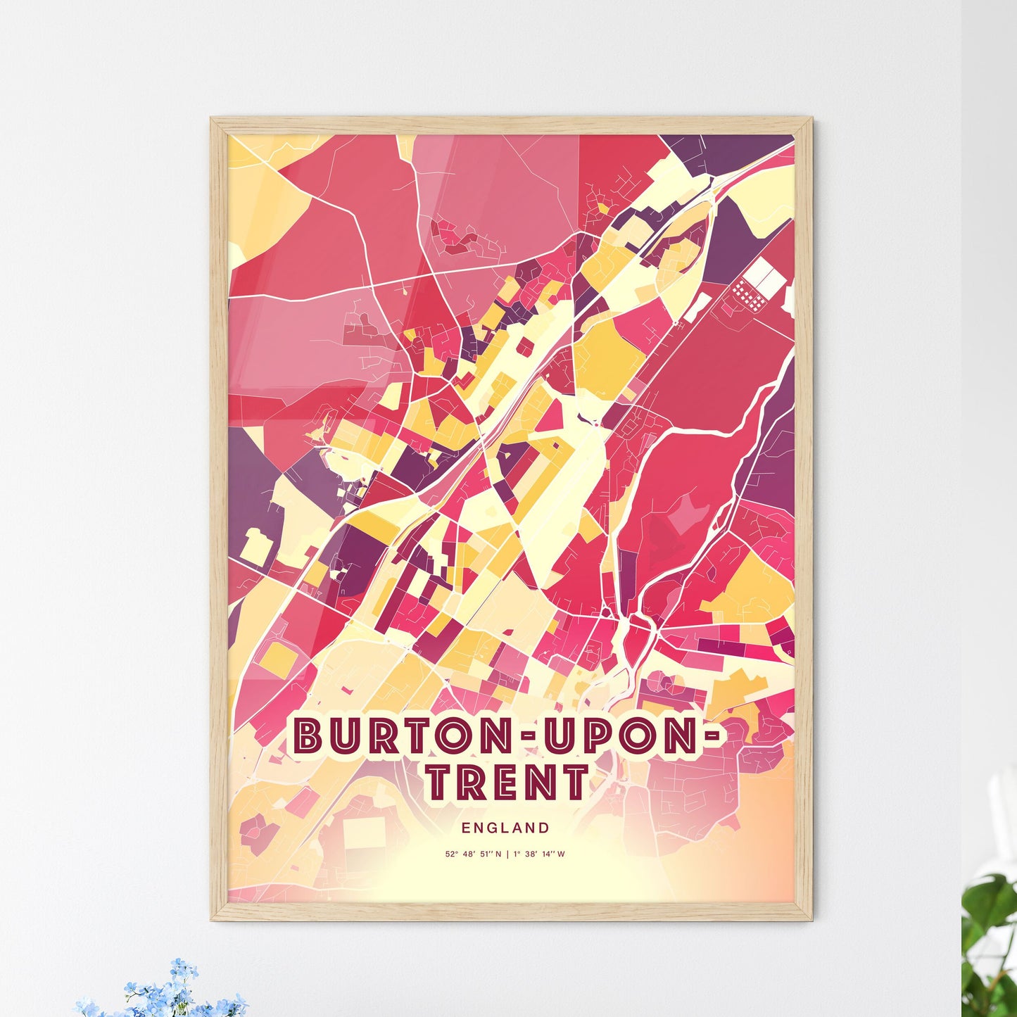 Colorful BURTON-UPON-TRENT ENGLAND Fine Art Map Hot Red