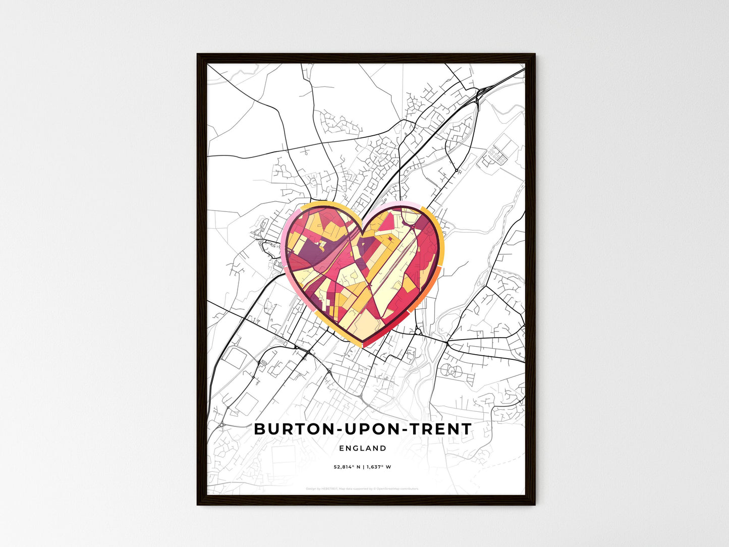 Burton-Upon-Trent England wedding art map with heart icon