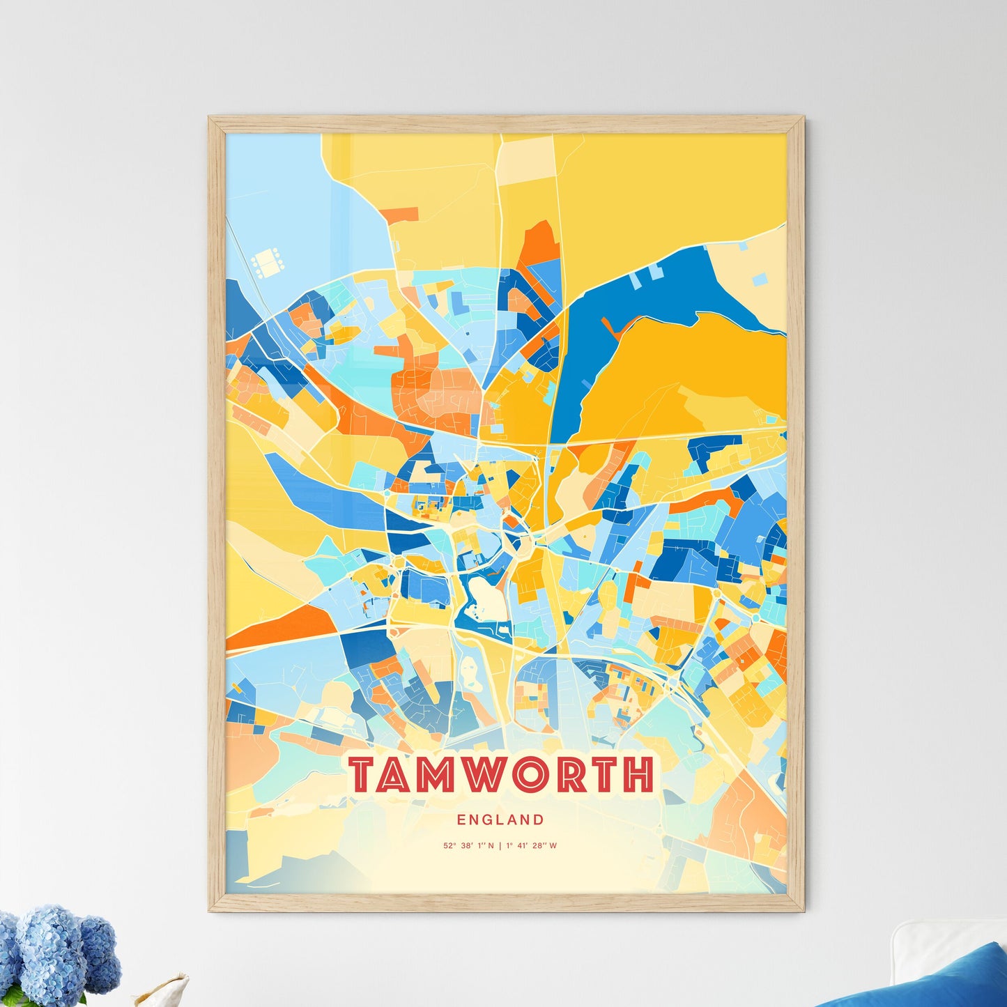 Colorful Tamworth England Fine Art Map Blue Orange