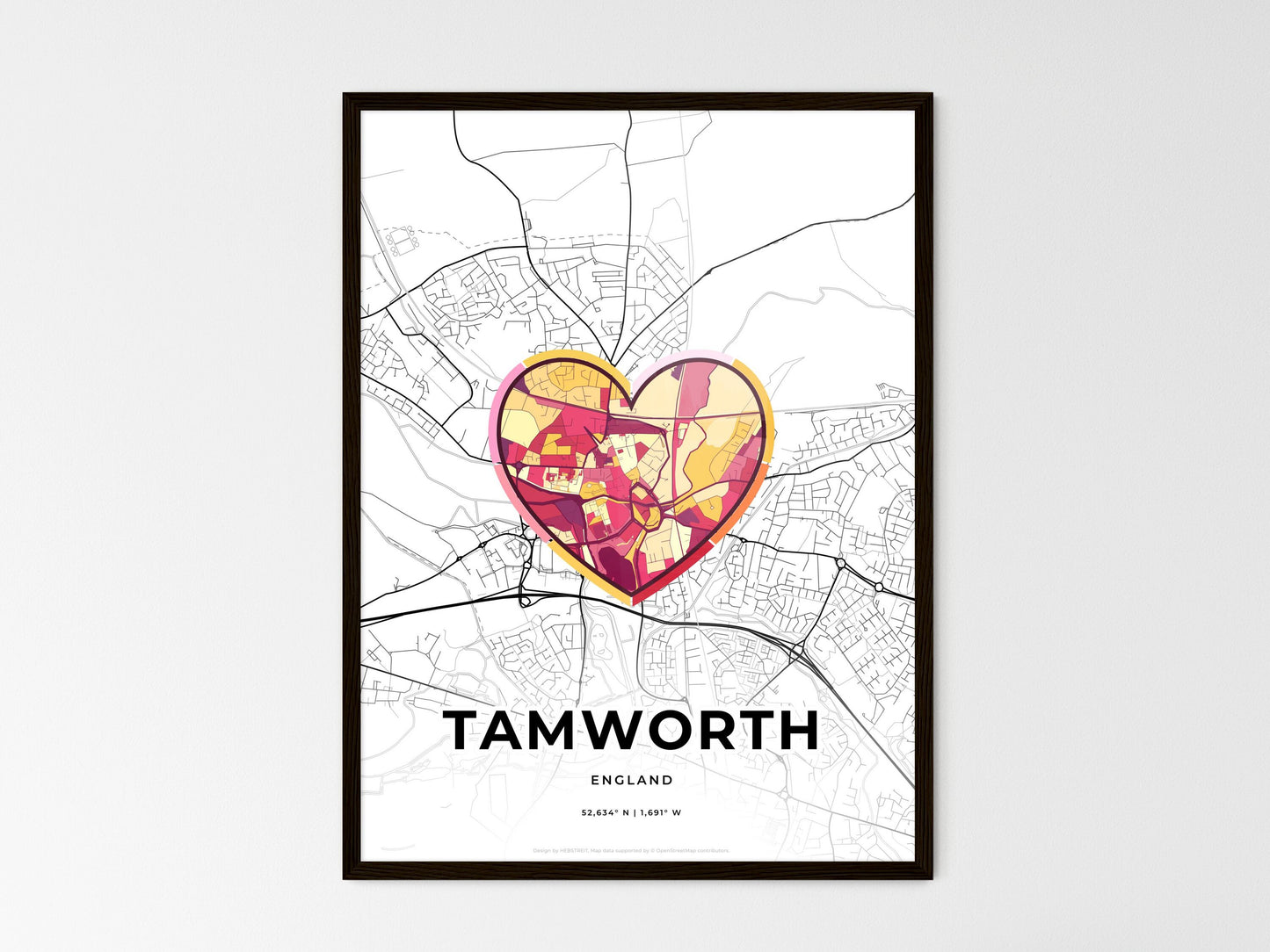 Tamworth England wedding art map with heart icon