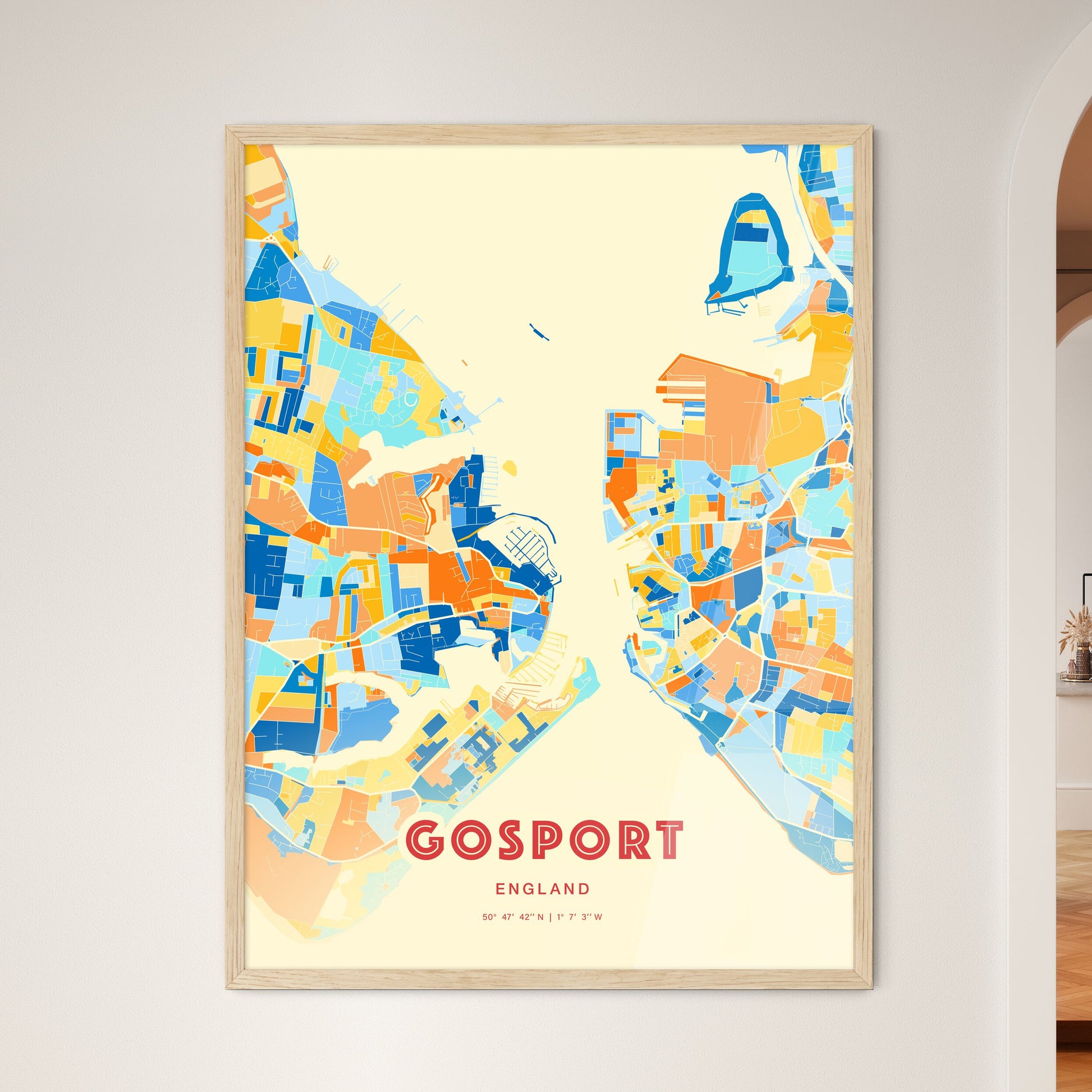 Colorful Gosport England Fine Art Map Blue Orange
